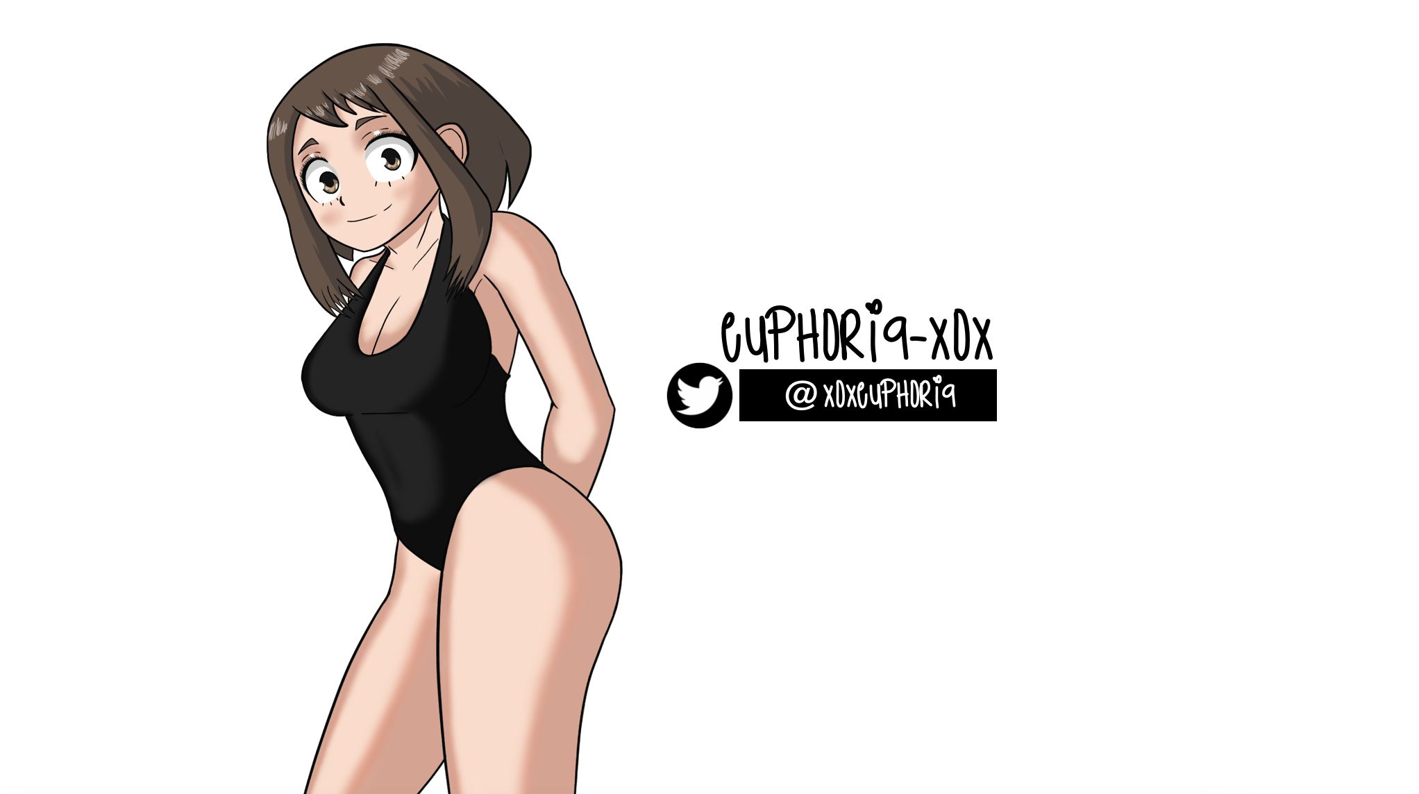 ochako uraraka, my hero academia, white background, arms behind back, euphoria-xox, hands behind back, looking at viewer, smile, standing, student, uraraka ochako, 