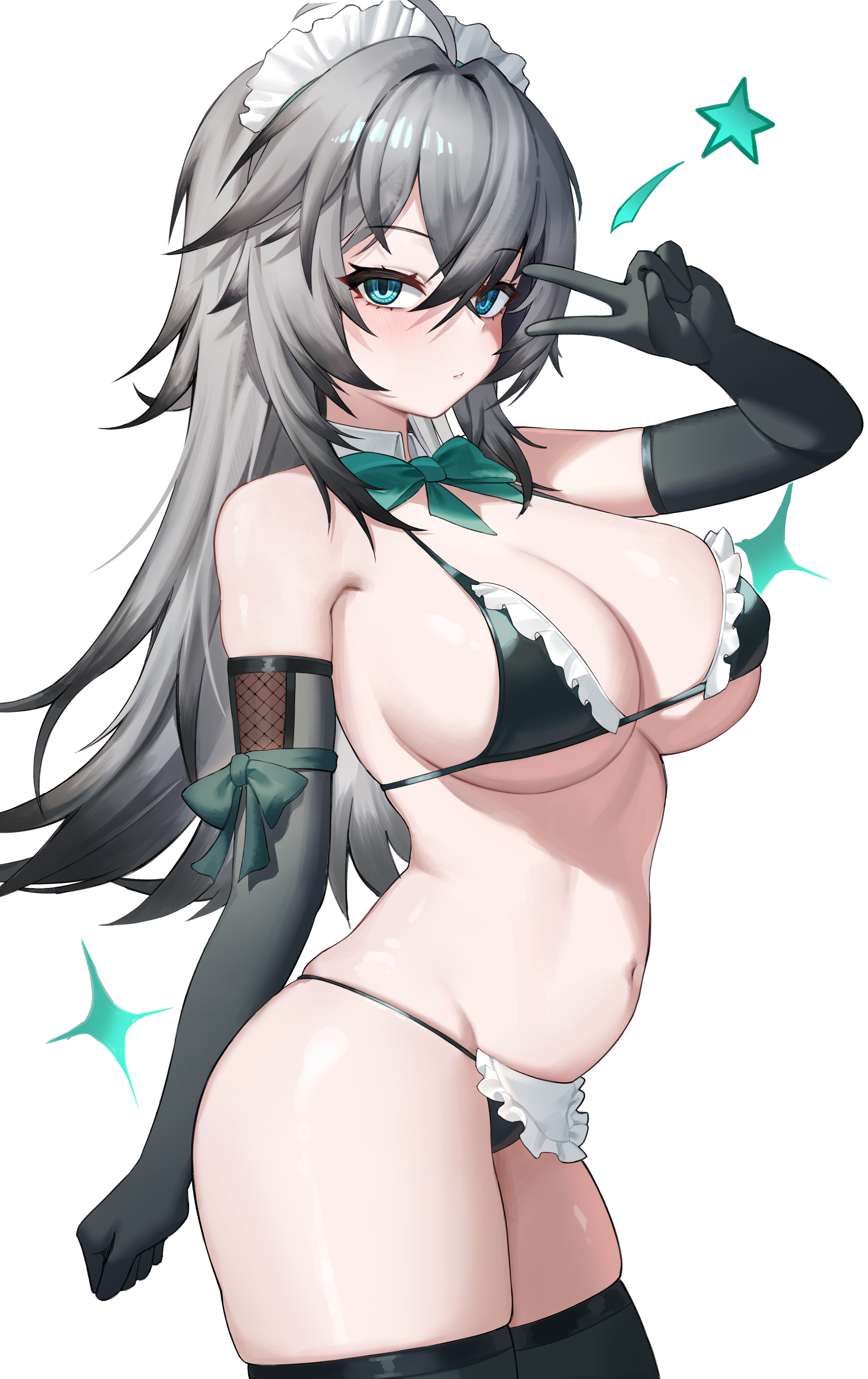 absurdres ahoge apron bare_shoulders bikini black_bikini black_survival black_thighhighs blue_eyes bow bowtie breasts cleavage closed_mouth cowboy_shot dasi_(kwts3227) detached_collar elbow_gloves eternal_return:_black_survival expressionless female frilled_bikini frills gloves gradient_hair grey_gloves grey_hair hair_between_eyes halterneck hand_up highres katja_(black_survival) large_breasts long_hair looking_at_viewer maid maid_bikini maid_headdress multicolored_hair navel simple_background skindentation solo star_(symbol) stomach string_bikini swimsuit thighhighs thighs unconventional_maid underboob v waist_apron white_background