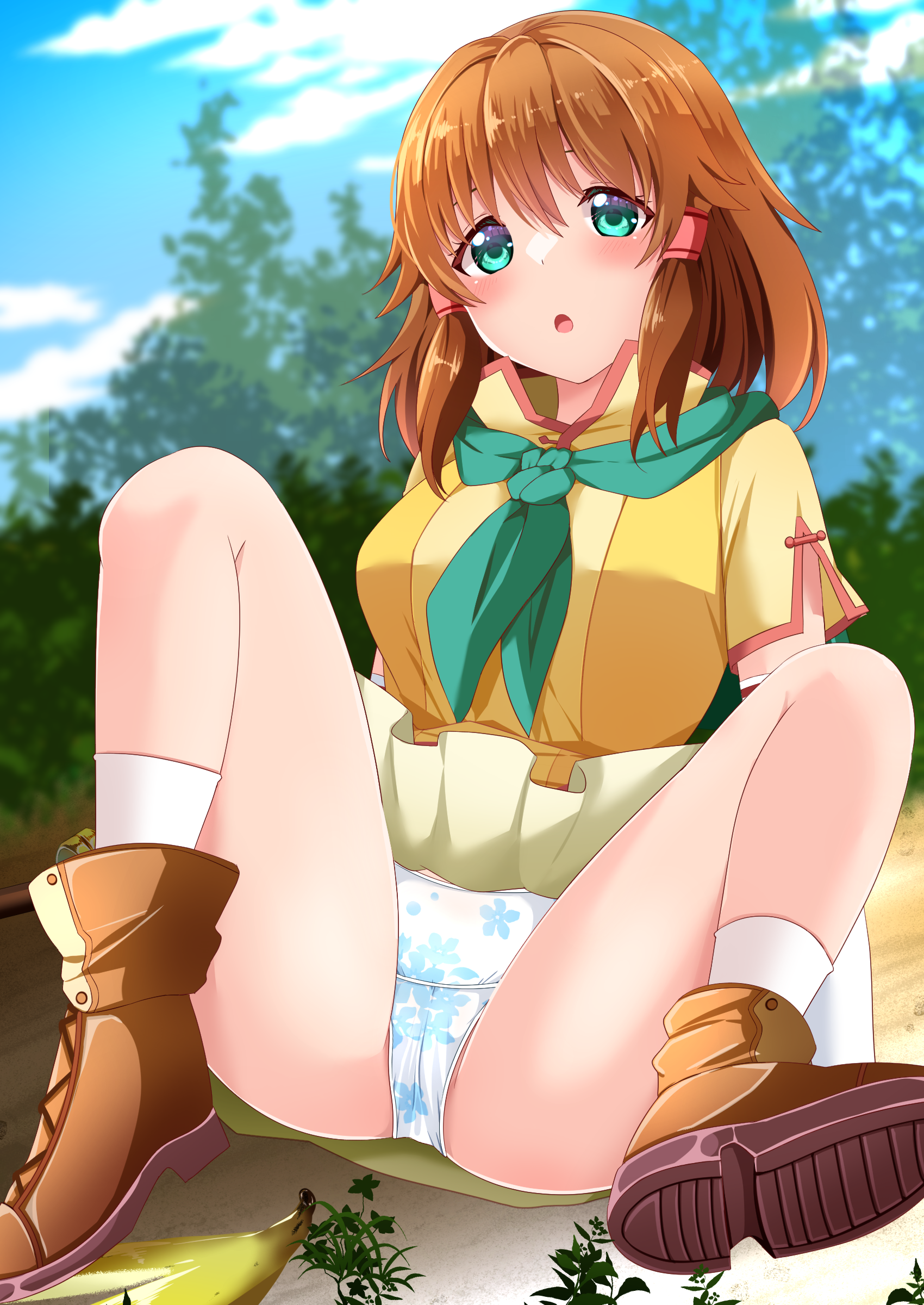 1girls :o banana banana_peel bangs bare_legs blush boots breasts brown_hair clumsy dress elbow_gloves female female_only fire_emblem fire_emblem:_path_of_radiance gloves green_eyes humiliation kisaragi_setsu_(mssk8485) kneehighs legs medium_breasts medium_hair mist_(fire_emblem) nintendo on_ground open_mouth outdoors panties pantyshot partially_visible_vulva pussy scarf shoes short_sleeves sitting skirt solo spread_legs staff tripping underwear upskirt white_panties
