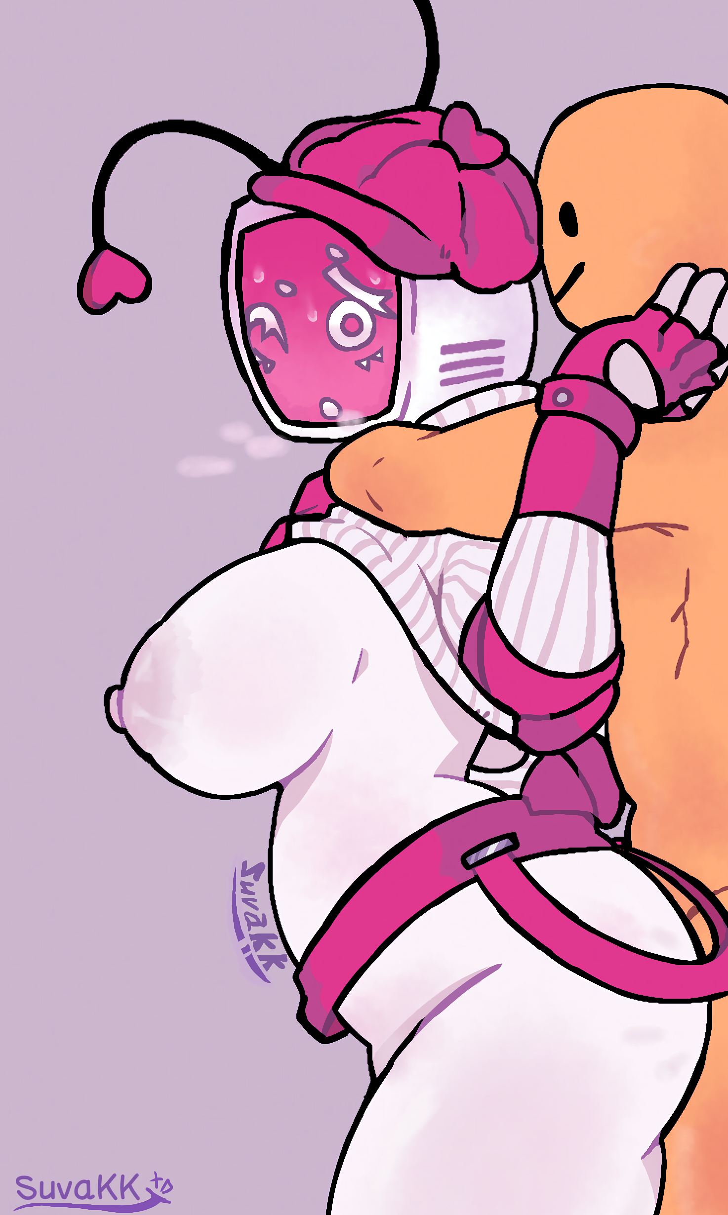 1boy 1boy1girl 1girls areolae ass big_ass big_breasts bottomless breasts breasts_out cap female forsaken forsaken_(roblox) gray_background heart_symbol huge_breasts lovebug_veeronica male nipples noob noob_(forsaken) noob_(roblox) pink_accessory pink_areola pink_cap protection roblox roblox_game robloxian robot_girl self_upload side_view standing suvakk thighs tv_head tv_head_robot veeronica white_body yellow_body