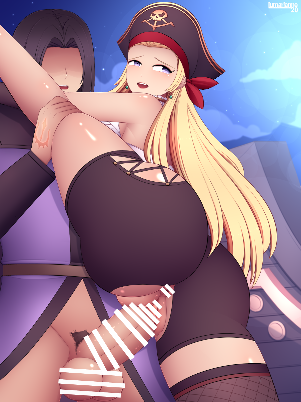 1boy 1girls alternate_costume anus arm_support ass asymmetrical_clothes asymmetrical_legwear back backless_outfit balls bandana bare_arms bare_back bare_legs bare_thighs blonde_hair boat breasts brown_hair censored cloud commission dragon_quest dragon_quest_xi earrings elbow_gloves female female_focus fishnet_legwear fishnets from_below gloves hand_on_another's_shoulder hand_tattoo hat hero_(dq11) large_ass large_breasts leg_grab leg_hold leg_up legs light long_hair long_sleeves looking_back lumarianne20 male male_pubic_hair night open_mouth outdoors penis pirate pirate_hat pubic_hair purple_eyes pussy serena_(dq11) sex short_hair shorts single_thighhigh sky smile solo_focus splits spread_legs standing standing_on_one_leg standing_sex starry_sky tattoo testicles thick_thighs thighs torn_clothes vaginal_penetration vertical_splits very_long_hair yellow_hair