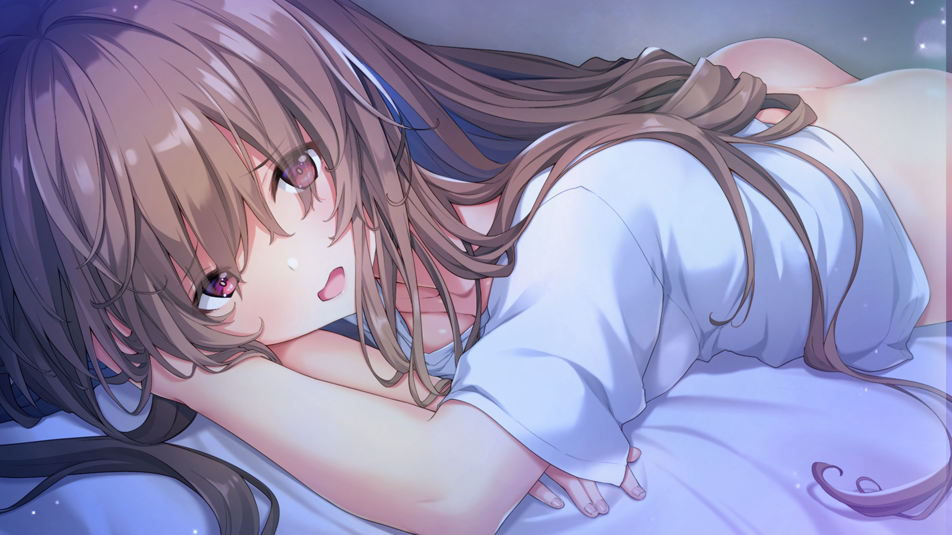 sawayaka samehada, <b>game</b> cg, highres, ass, bangs, bed sheet, bottomless, bro...