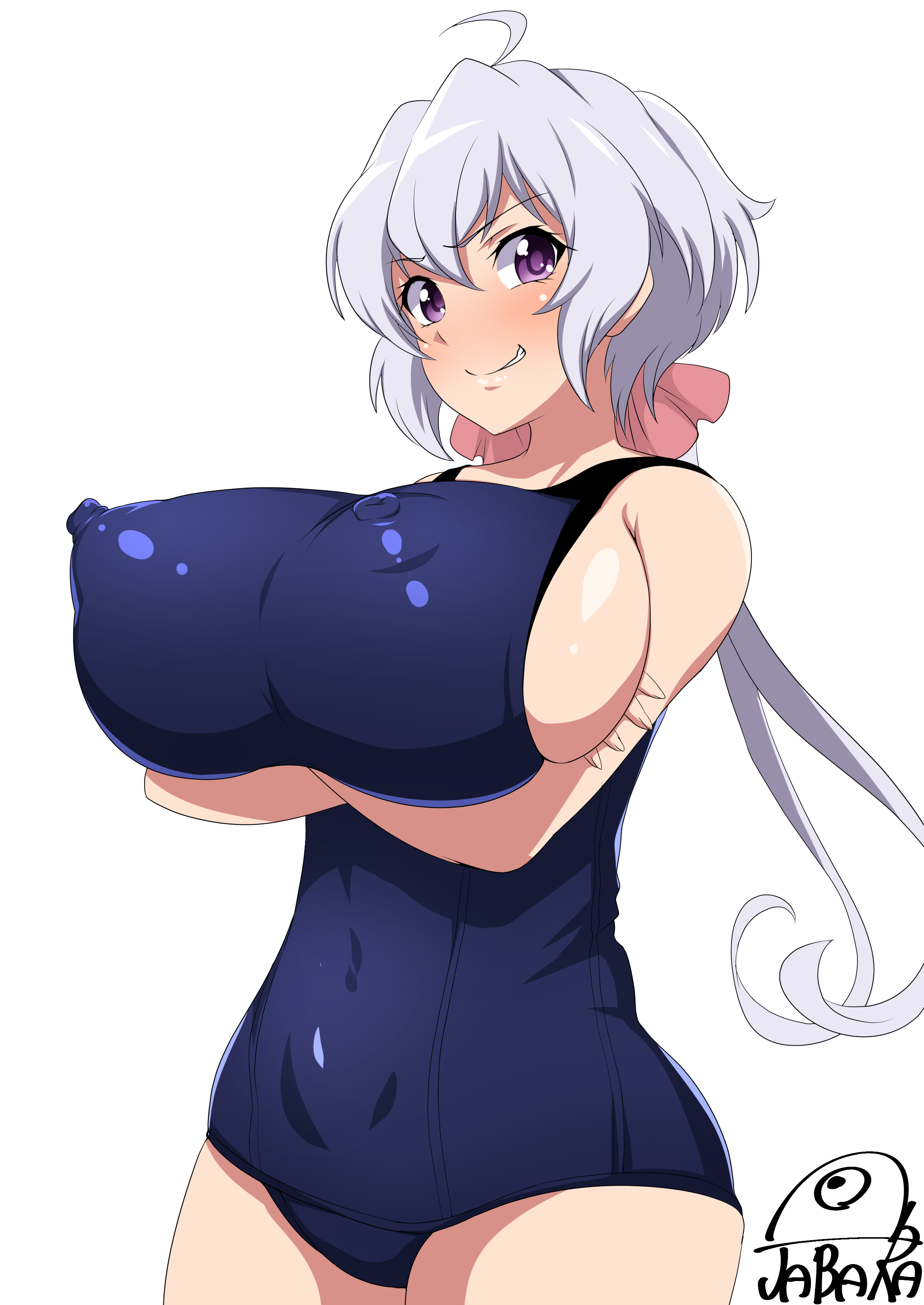 jabara tornado, yukine chris, senki zesshou symphogear, highres, simple background, breasts, crossed arms, erect nipples, grin, huge breasts, long hair, looking at viewer, nipple bulge, ponytail, puffy nipples, purple eyes, signature, smile, solo, swimsuit, 