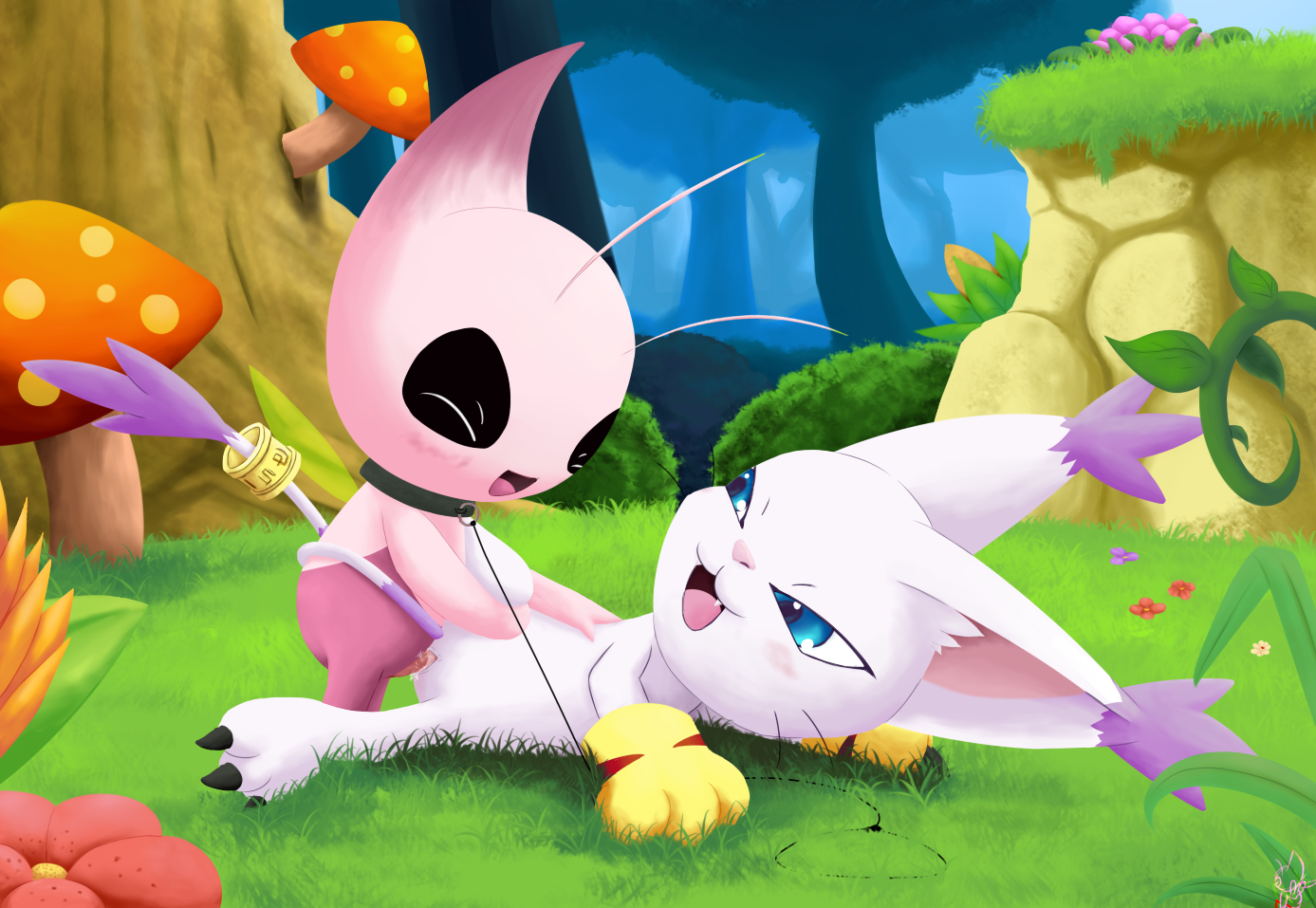 arti4000, celebi, gatomon, digimon, nintendo, pokemon gsc, crossover, 1boy, 1girls, alternate color, feline, female, furry, interspecies, male, penis, pokemon, pussy, sex, straight, video games, 