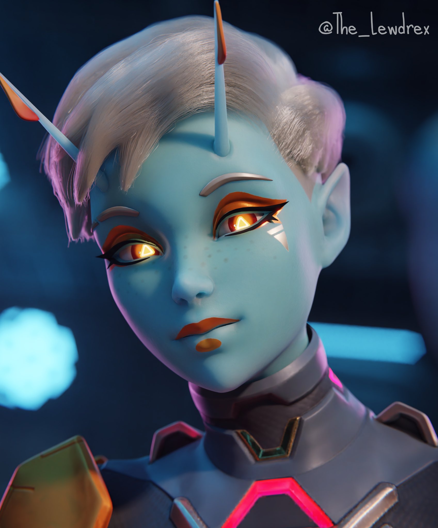 lewdrex, epic games, fortnite, 3d, alternate version available, blender, watermark, 1girls, alien, alien girl, alien humanoid, antennae (anatomy), armor, athletic, athletic female, blue body, blue skin, breasts out, close-up, detailed background, female, female focus, female only, freckles, freckles on face, glowing, glowing eyes, joey (fortnite), legwear, looking at viewer, on floor, partially clothed, shoulder armor, shoulder pads, sitting, smile, smiling, solo, solo focus, 