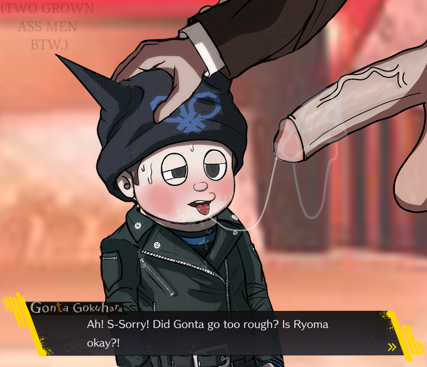 accurate_art_style after_oral anime balls beanie bedroom big_balls big_penis blowjob blowjob_face blush danganronpa danganronpa_v3 danganronpa_v3:_killing_harmony dialogue dick digital_drawing digital_media dwarf dwarf_male dwarfism gay gay_blowjob gokuhara_gonta grey_eyes height_difference holding_head leather_jacket love_hotel male male/male male_only new_danganronpa_v3 out_of_breath panting penis precum precum_on_penis precum_string ryoma_hoshi saliva saliva_trail small_body sprite_edit sweat toony_face tounge_out yaoi