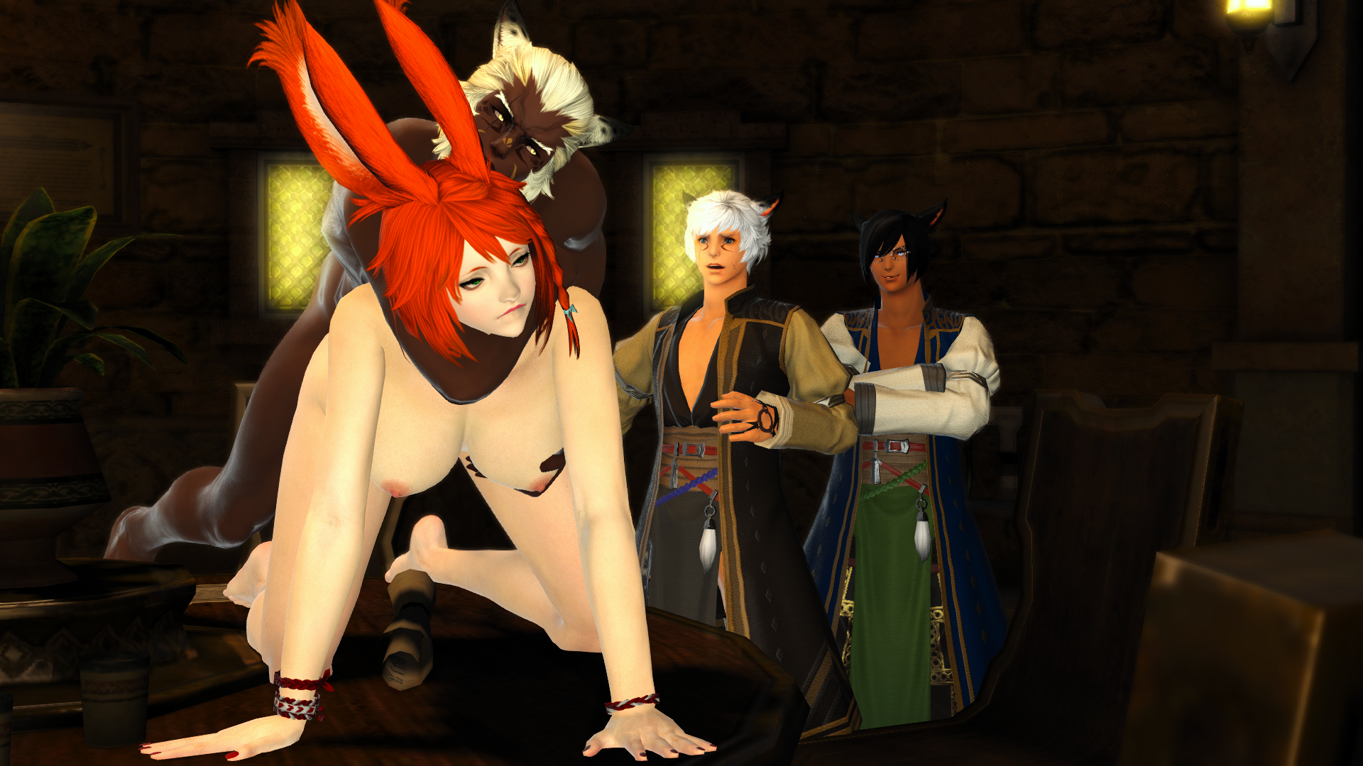 1girls 3boys biting biting_lip breast_grab breasts breeding dark-skinned_male dark_skin doggy_style female final_fantasy_xiv male mind_break miqo'te observing older_male public public_sex table viera