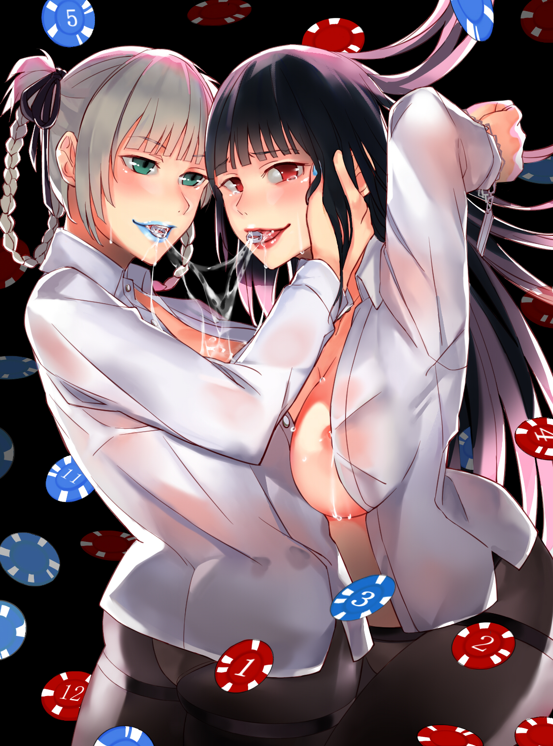 jabami yumeko, ririka momobami, kakegurui, 2girls, black hair, blue lipstic...