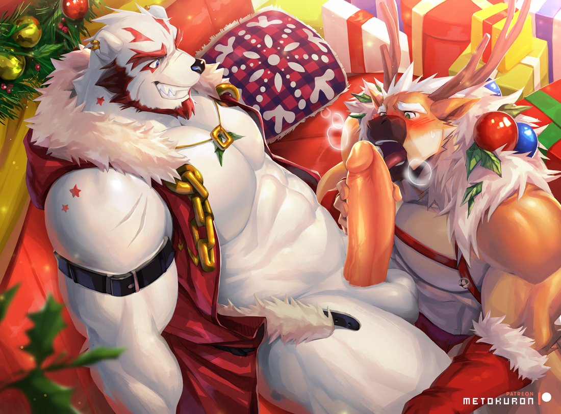kuron, metokuron, christmas, holidays, abs, anthro, balls, beard, biceps, big penis, blush, capreoline, cervid, clothing, duo, ear piercing, ear ring, erection, facial hair, fellatio, hand on penis, humanoid penis, jewelry, male, male/male, mammal, mostly nude, muscular, muscular male, necklace, oral, pecs, penile, penis, piercing, polar bear, reindeer, scar, sex, sitting, tongue, topwear, ursid, ursine, vein, veiny penis, vest, 