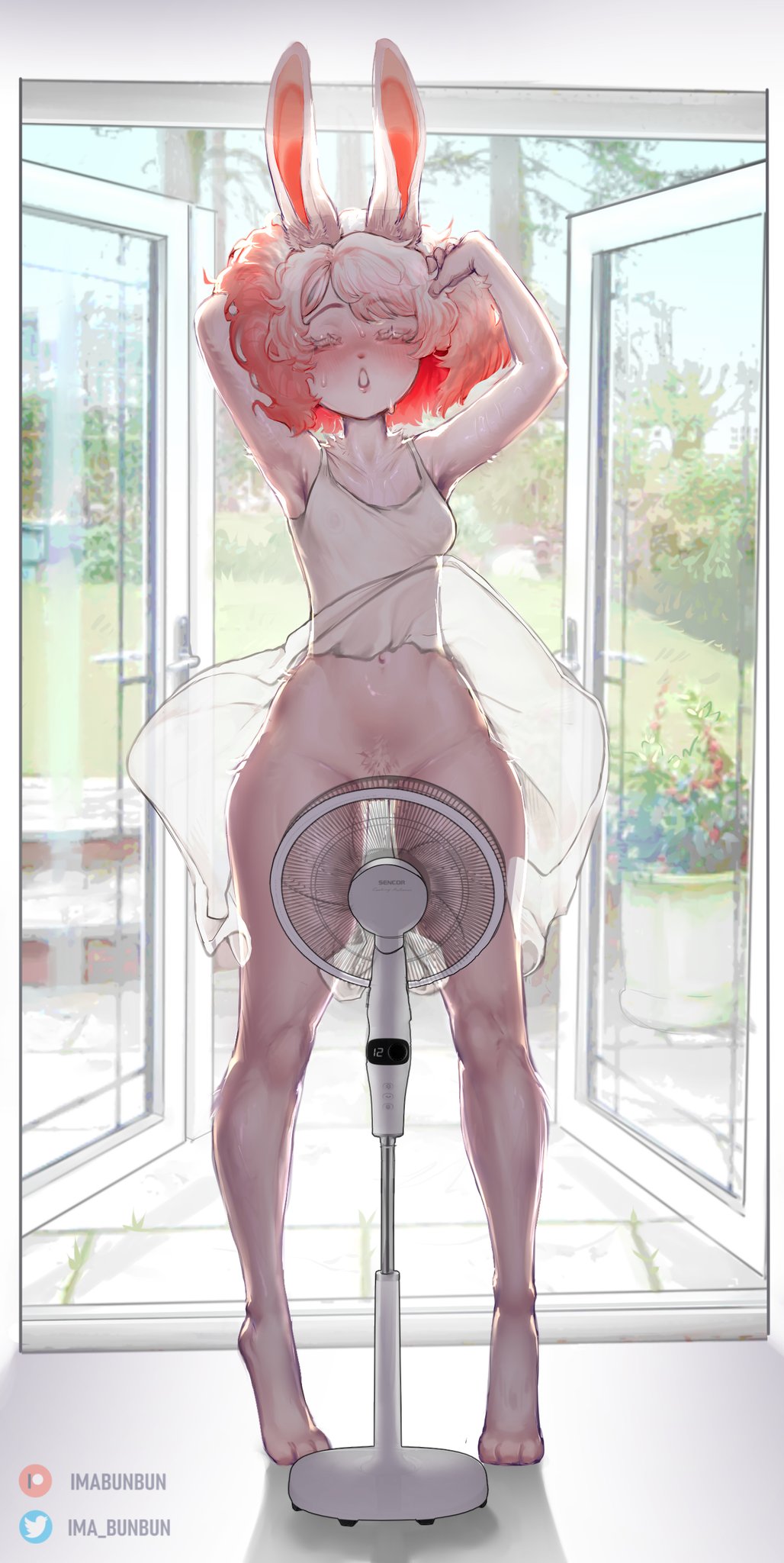 hi res, anthro, barely visible genitalia, barely visible pussy, clothed, clothing, dress, female, genitals, ima (imabunbun), imabunbun, lagomorph, leporid, mammal, no underwear, pussy, rabbit, raised clothing, raised dress, solo, 