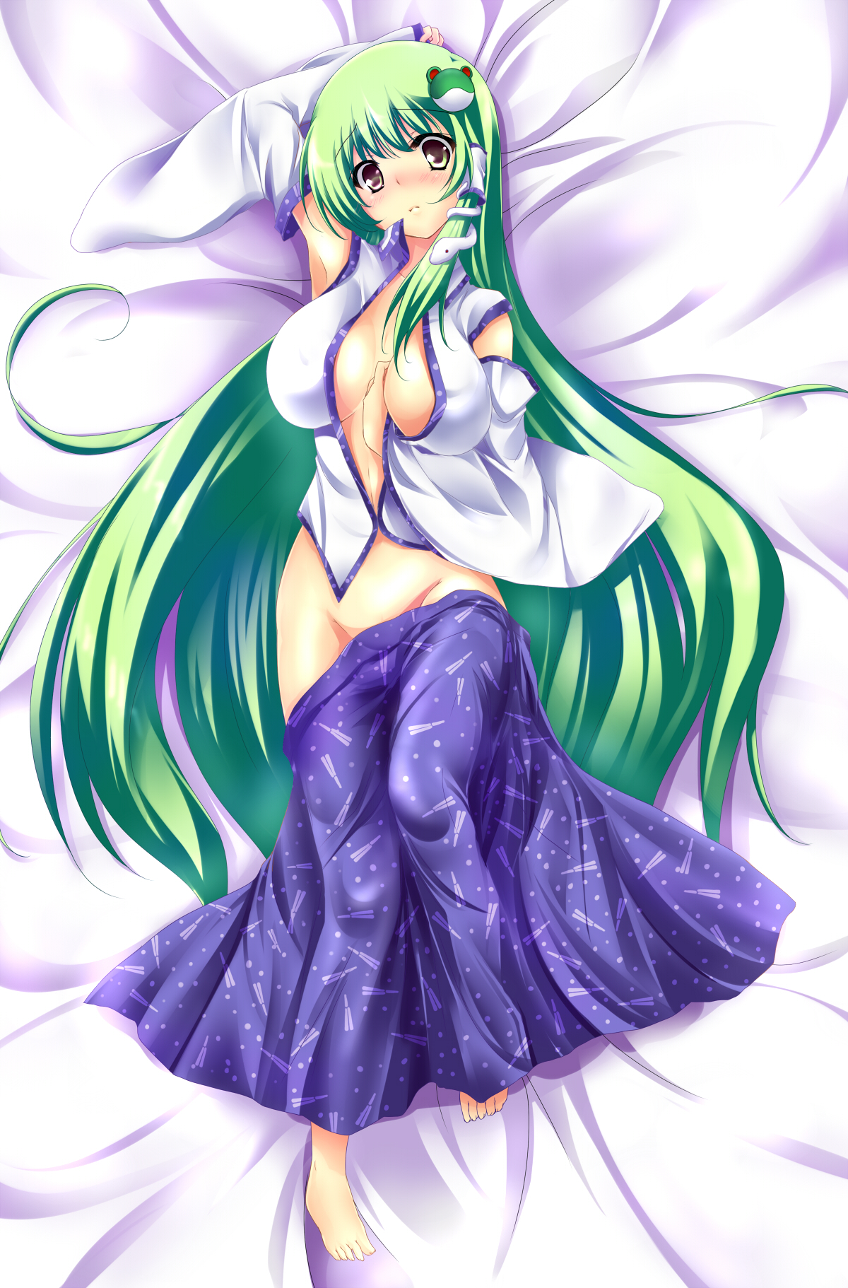 sasakuma kyouta, sanae kochiya, touhou, dakimakura, highres, arm up, armpits, barefoot, bed sheet, blush, breasts, breasts apart, detached sleeves, female, frog, green eyes, green hair, hair ornament, large breasts, long hair, lying, mound of venus, no bra, no panties, on back, open clothes, open shirt, shirt, skirt, skirt pull, snake, solo, very long hair, 