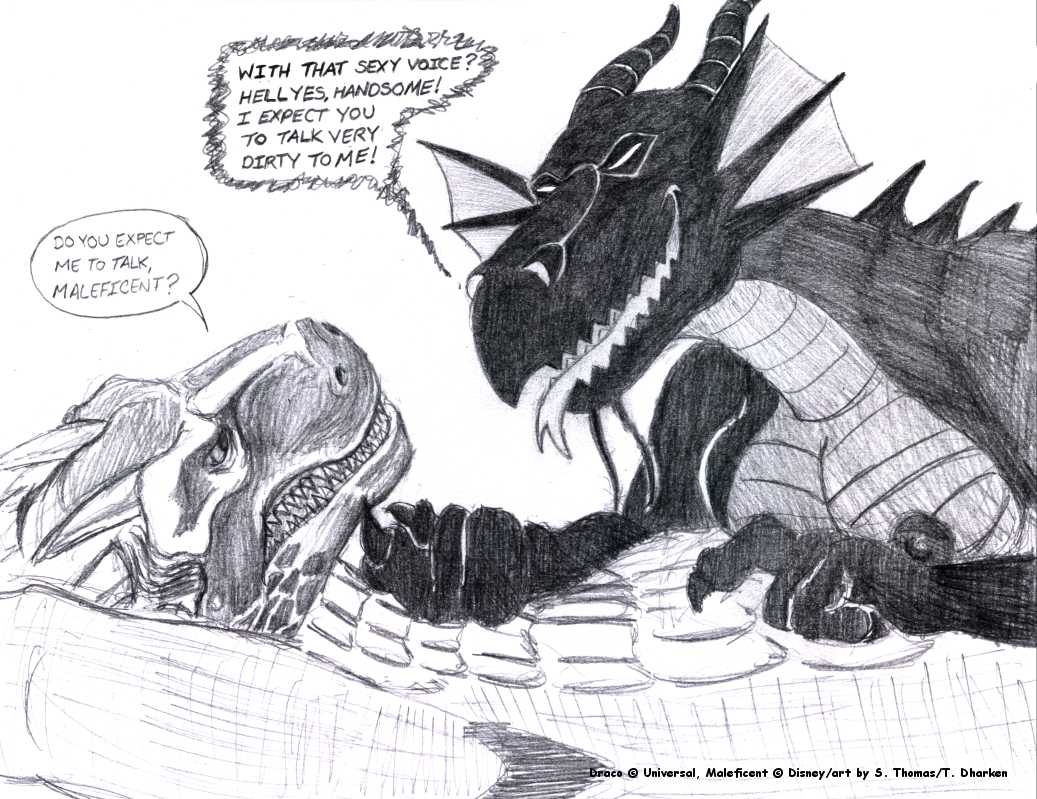 t dharken, draco, maleficent, disney, dragonheart, sleeping beauty, crossover, monochrome, arms up, clenched teeth, dragon, female, femdom, imminent rape, malesub, nipples, restrained, scales, 