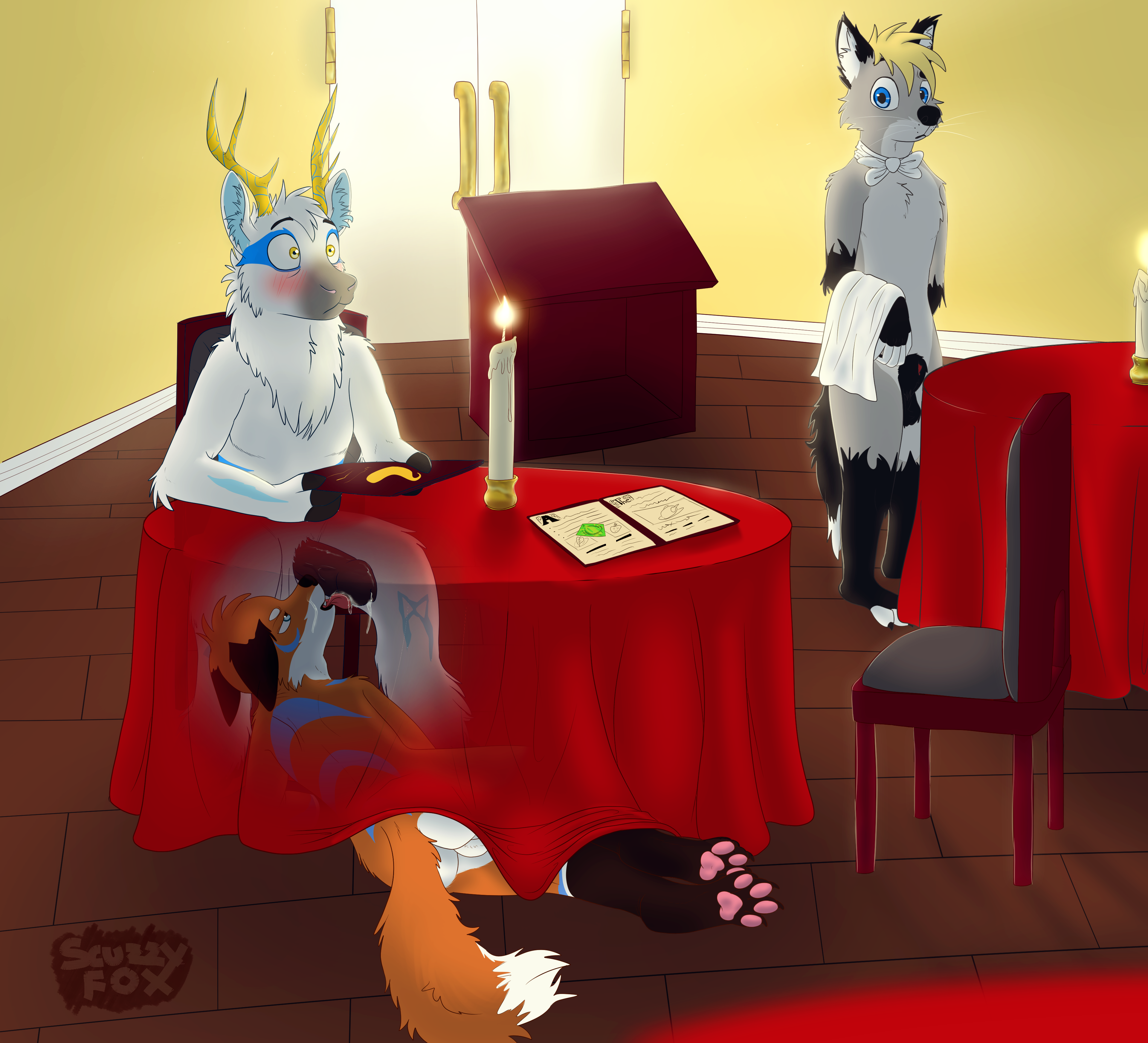 2019, absurd res, hi res, animal genitalia, anthro, backsack, balls, blush, bodily fluids, candle, canid, canine, capreoline, cervid, condom, erection, fellatio, fox, genital fluids, hooves, inside, licking, male, male/male, mammal, nude, oral, paws, penile, penis, precum, public, reindeer, restaurant, scuzzyfox, sex, sheath, tongue, tongue out, under the table, voyeur, waiter, 