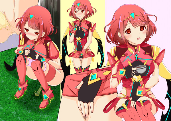 pyra, xenoblade (series), xenoblade chronicles 2, manga, covering crotch, crouching, cup, drinking, hand on crotch, have to pee, holding crotch, mano (pixiv), omorashi, outside, panties, peeing, peeing outside, pink hair, pink panties, urinating, urination, urine, urine stream, 
