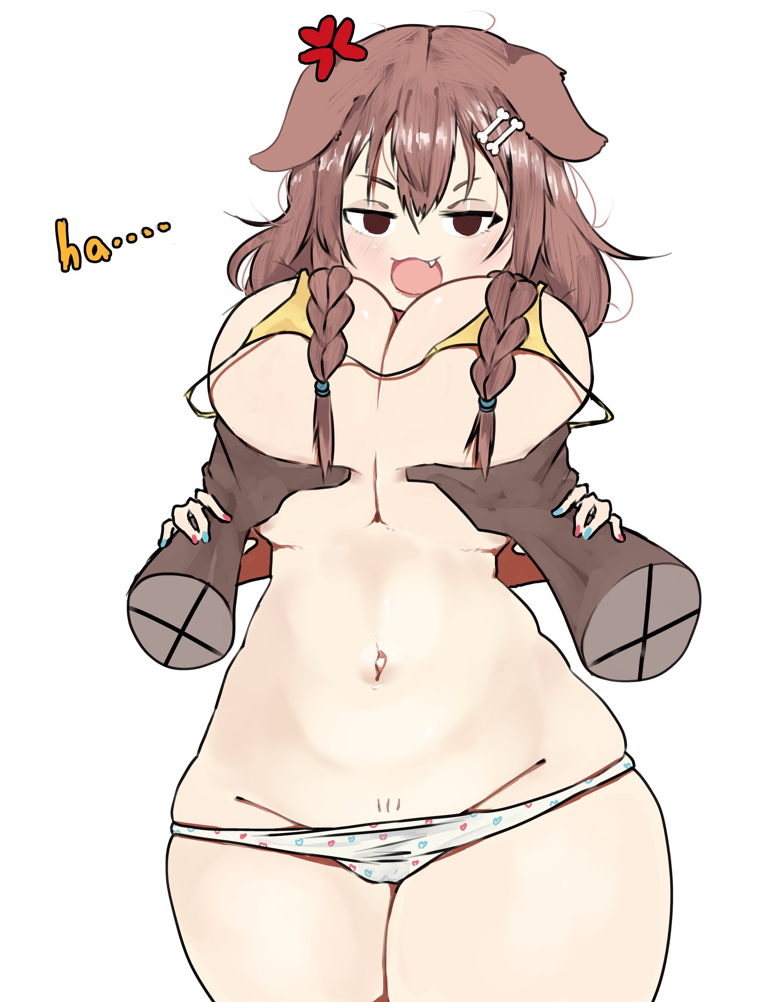inugami korone, hololive, angry, bikini top, breast grab, breast lift, dog ears, dog girl, dog tail, hololive gamers, large breasts, meweeze, panties, wide hips, 
