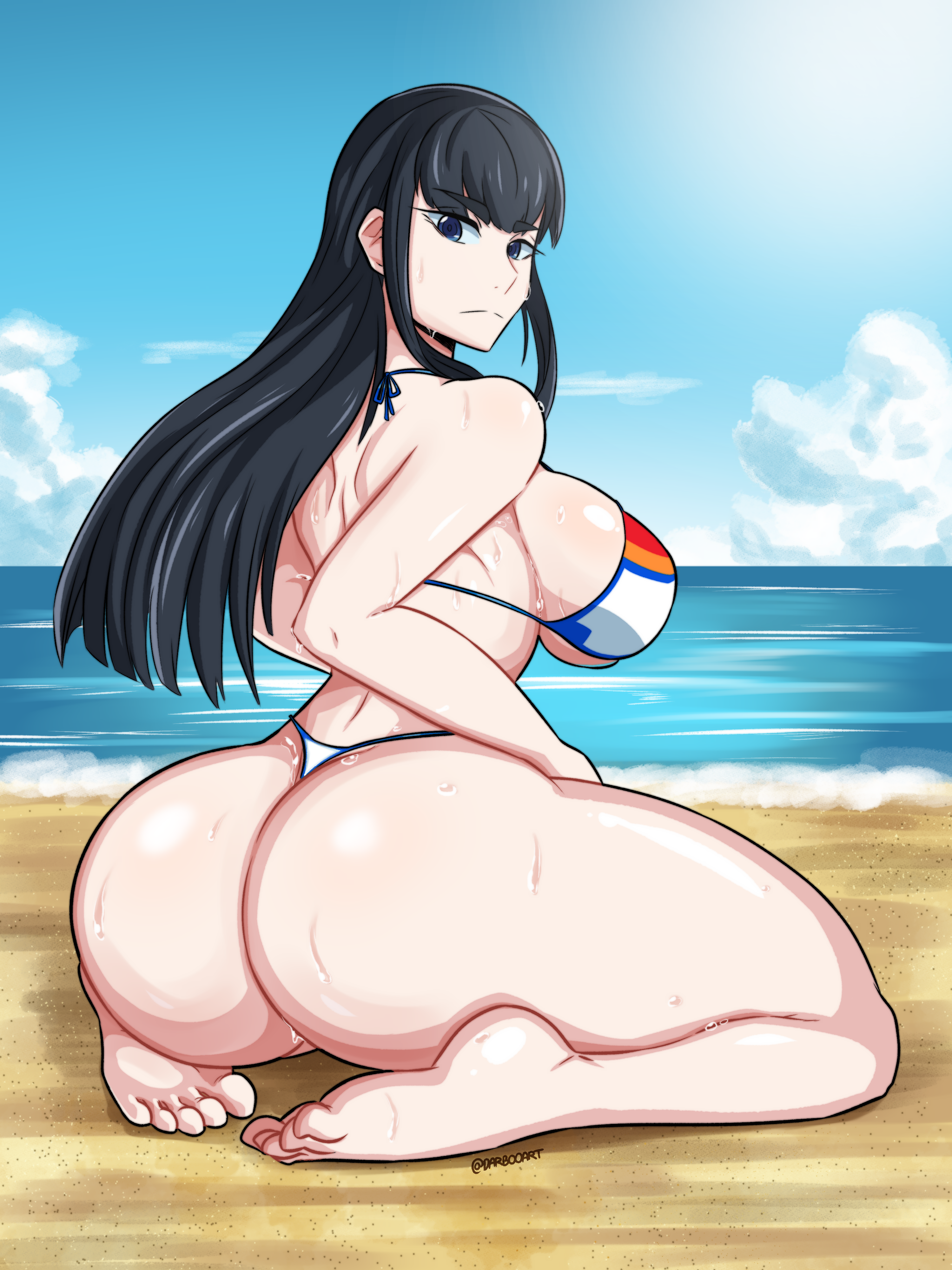 darboo, kiryuuin satsuki, kill la kill, 1girls, ass, beach, big ass, big breasts, big butt, bikini, blue eyes, breasts, eye contact, feet, female, female focus, female only, kneeling, long hair, looking at viewer, sideboob, solo, thick thighs, 