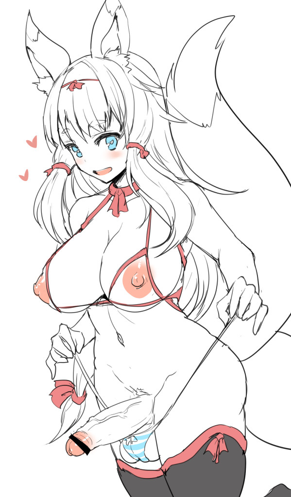 ubanis, censored, 1futa, areola, balls, balls in panties, big breasts, blue eyes, breasts, busty, cleavage, erection, fox ears, fox girl, fox tail, futa only, futanari, heart-shaped pupils, intersex, large breasts, long hair, looking at viewer, nipples, panties, penis, solo, tail, testicles, thighhighs, voluptuous, 