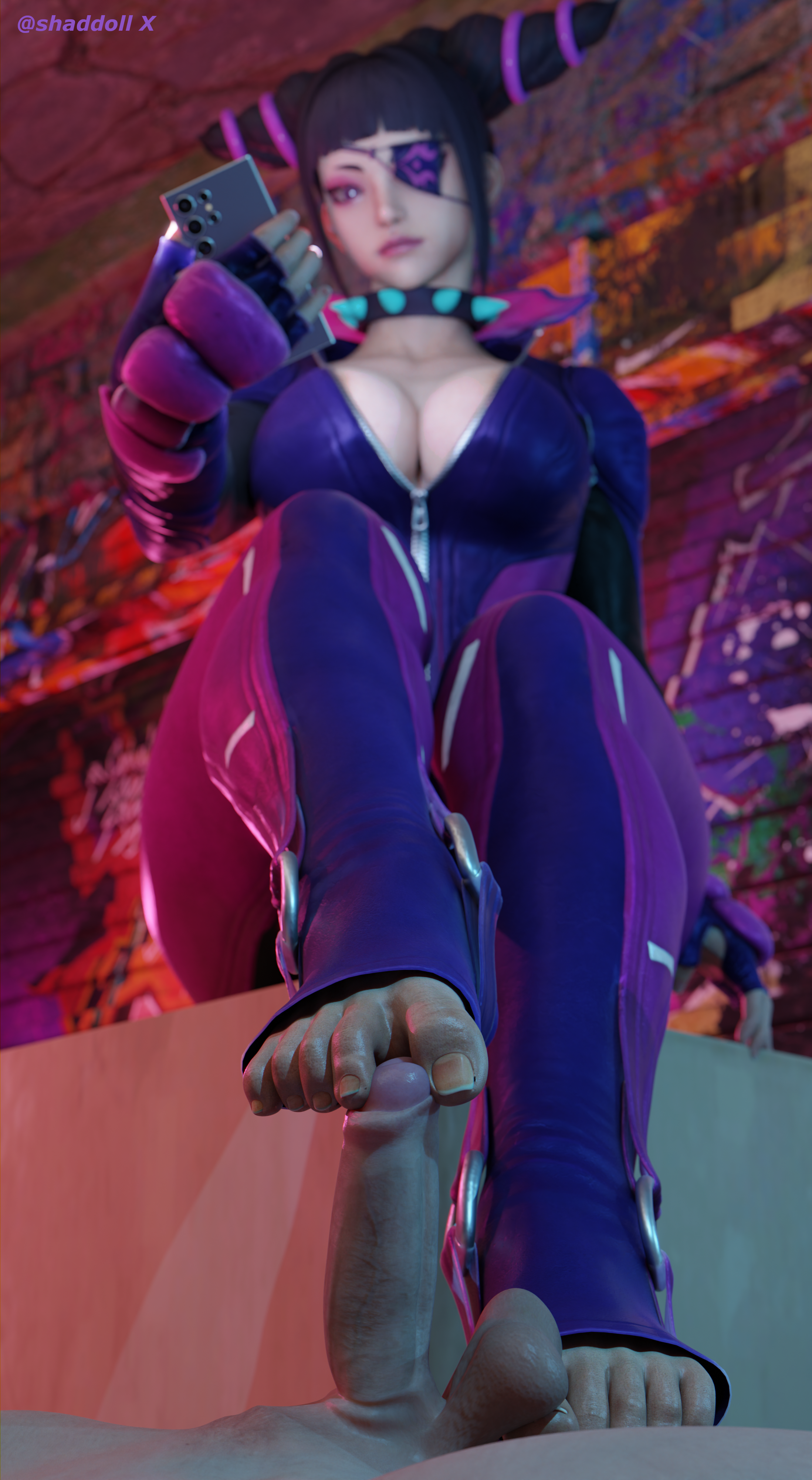 1boy 1girls 3d asian_female athletic athletic_female balls bangs big_feet big_penis breasts cellphone cfnm cleavage clothed_female_nude_male drill_hair erection eyepatch feet_on_penis female femdom fit fit_female foot_fetish foot_focus footjob footwear juri_han korean_female large_breasts long_legs male multitasking muscular muscular_female partial_male penis purple_eyes shaddoll_x sitting street_fighter testicles toeless_footwear toeless_legwear toeless_socks toenails toes toes_on_balls toes_on_penis twin_drills two-tone_hair uninterested