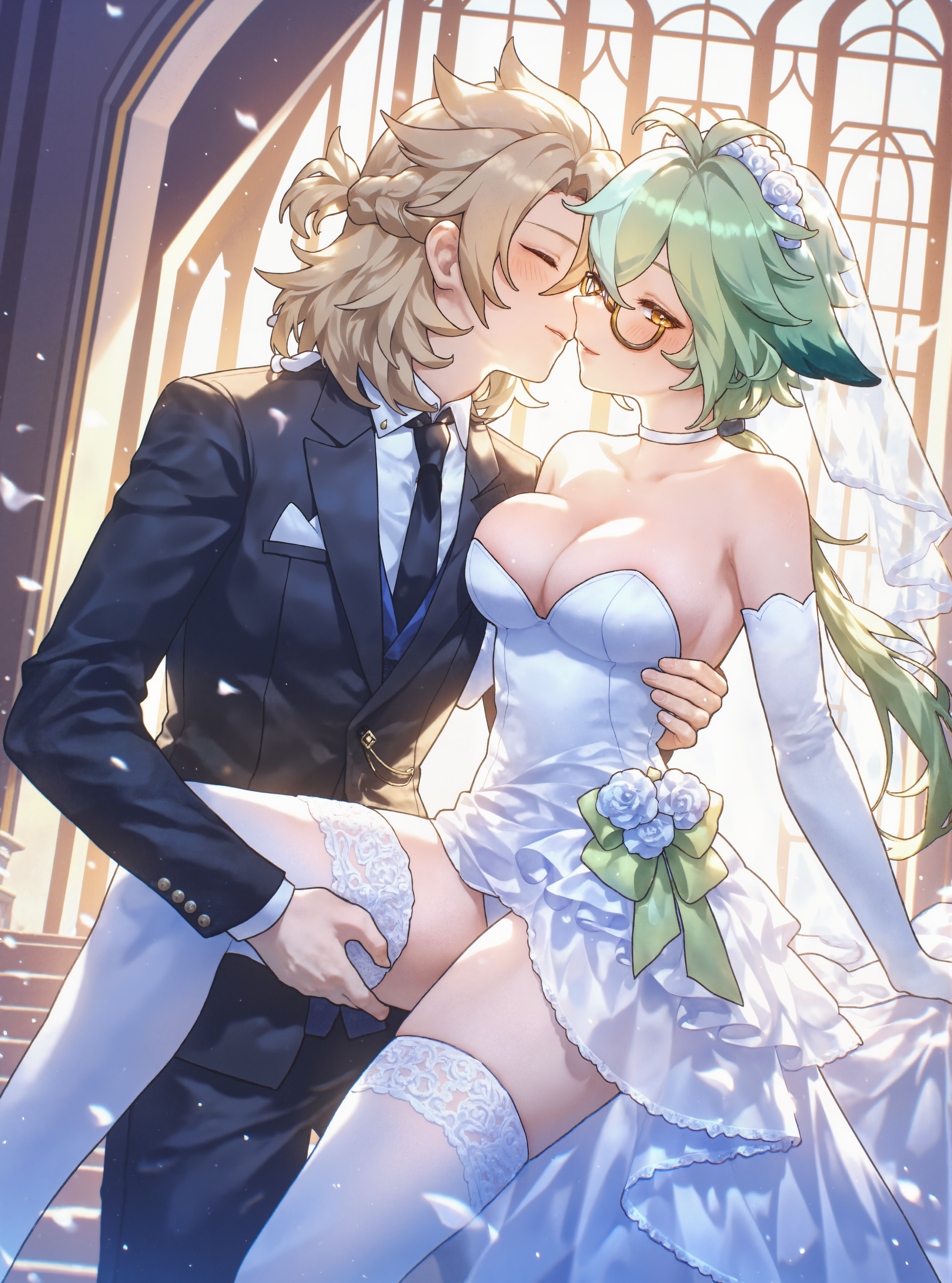 1boy absurd_res ahoge ai_generated albedo_(genshin_impact) alternate_costume animal_ears antenna_hair arm_around_waist arm_support backlighting bare_shoulders black_jacket black_necktie black_pants black_suit black_vest blonde_hair blush bow braid breast_pocket breast_press breasts bridal_gauntlets bridal_veil bride brown-framed_eyewear brown_eyes brown_hair buttons carrying cat_ears cat_girl choker church cleavage closed_eyes closed_mouth collarbone collared_shirt couple cowboy_shot dancing day dog_ears dress dress_lift dutch_angle elbow_gloves face-to-face facing_another falling_petals female flower flower_choker formal french_braid frilled_dress frills garter_straps genshin_impact glasses gloves green_hair groom hair_between_eyes hair_flower hair_ornament half-closed_eyes half_updo hand_on_another's_back hand_on_another's_hip hand_on_another's_leg hand_on_another's_thigh hand_on_another's_waist heart imminent_kiss indoors jacket jewelry knee_up lace-trimmed_choker lace_choker lace_trim lapels large_breasts leg_lift leg_up light_brown_hair light_particles long_hair long_sleeves looking_at_another looking_at_viewer low_ponytail medium_breasts medium_hair ministro multicolored_hair necktie open_mouth orange_eyes panties pants panty_peek pantyshot parted_lips petals pocket ponytail princess_carry rose semi-rimless_eyewear shirt short_dress short_hair short_ponytail sidelocks single_braid skindentation smile stairs standing straight strapless strapless_dress streaked_hair sucrose_(genshin_impact) suit suit_jacket sunlight thigh_grab thighhighs thighs tuxedo under-rim_eyewear underwear veil very_long_hair vest wedding wedding_dress white_choker white_dress white_flower white_gloves white_panties white_rose white_shirt white_thighhighs white_veil window yellow_eyes