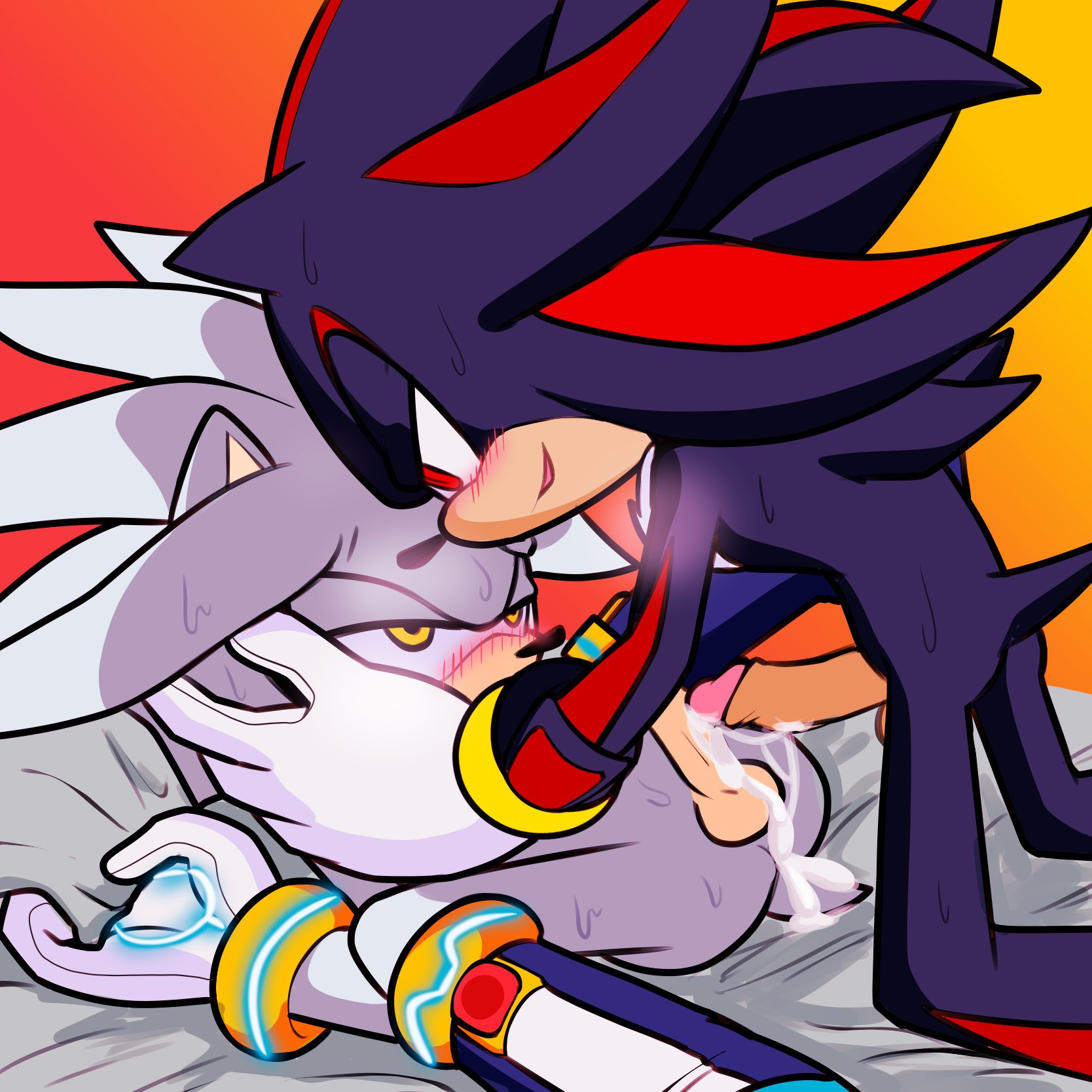 shadow the hedgehog, silver the hedgehog, sega, sonic the hedgehog (series), 1:1, hi res, anthro, aroused face, aroused smile, balls, bed, big pupils, black body, black fur, blush, blush lines, bodily fluids, boots, bracelet, breath cloud, caressing face, chest fur, clothing, cum, cum on partner, cum on penis, dilated pupils, dominant, dominant male, duo, erection, eulipotyphlan, fixink, footwear, fur, furniture, genital fluids, genitals, gloves, grabbing sheets, grey body, grey fur, handwear, hedgehog, humanoid genitalia, humanoid penis, jewelry, kneeling, lidded eyes, lying, male, male/male, male on bottom, male on top, mammal, multicolored body, multicolored fur, on back, on bed, on bottom, on top, open mouth, open smile, penis, pupils, red body, red eyes, red fur, smile, spread legs, spreading, submissive, submissive male, sweat, white body, white fur, yellow eyes, 