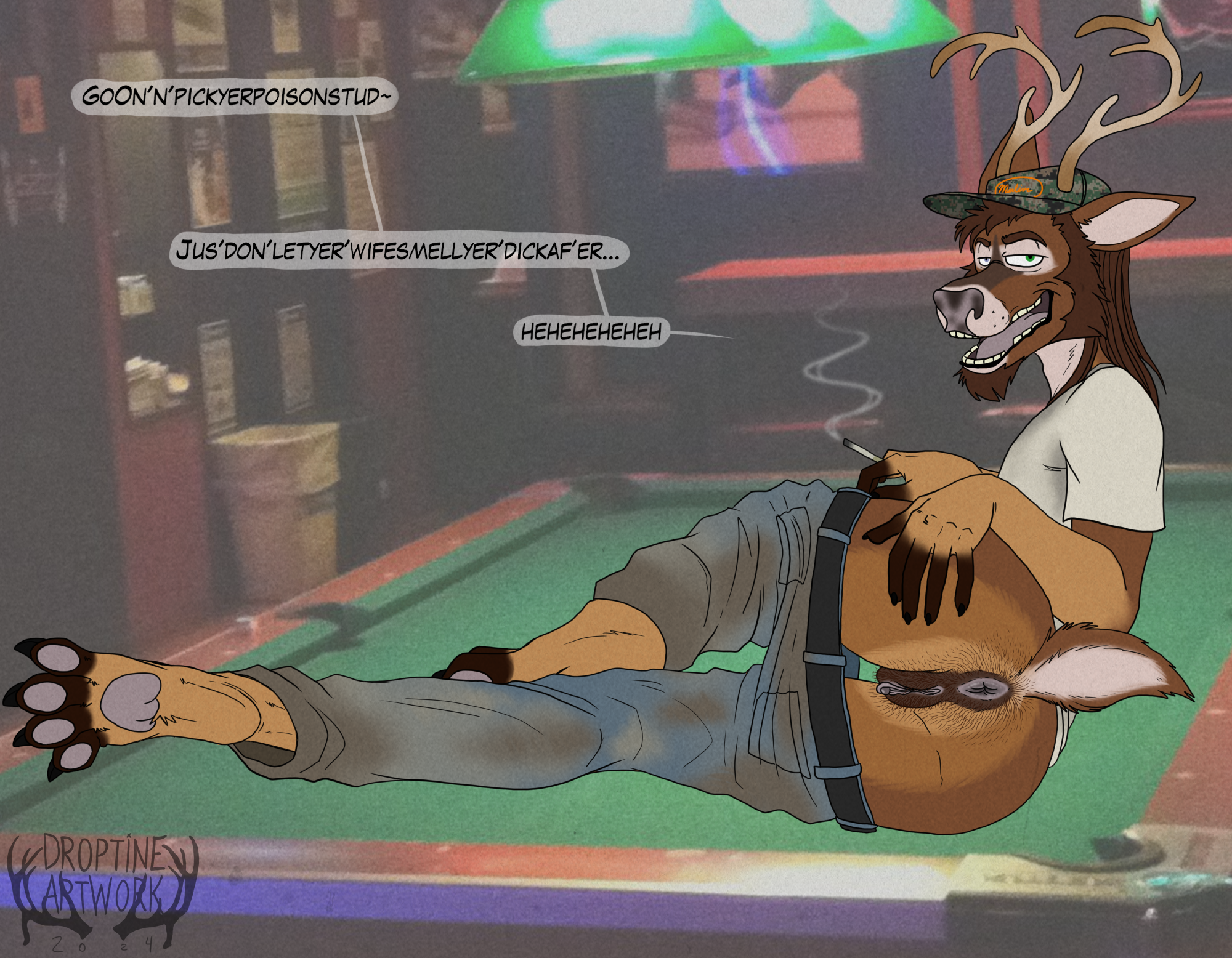 1boy anthro antlers anus ass beard billiard_table body_hair bottomwear bottomwear_down brown_body brown_fur butt_hair cigarette clothed clothing cuntboy deer dialogue droptineart english_text eric_(pibbalt) facial_hair fur furniture genitals hi_res horn intersex male mammal new_world_deer pants pants_down partially_clothed photo_background photography_(artwork) presenting presenting_hindquarters presenting_pussy pubes pussy redneck solo table text trans_(lore) trans_man_(lore) trucker_hat white-tailed_deer