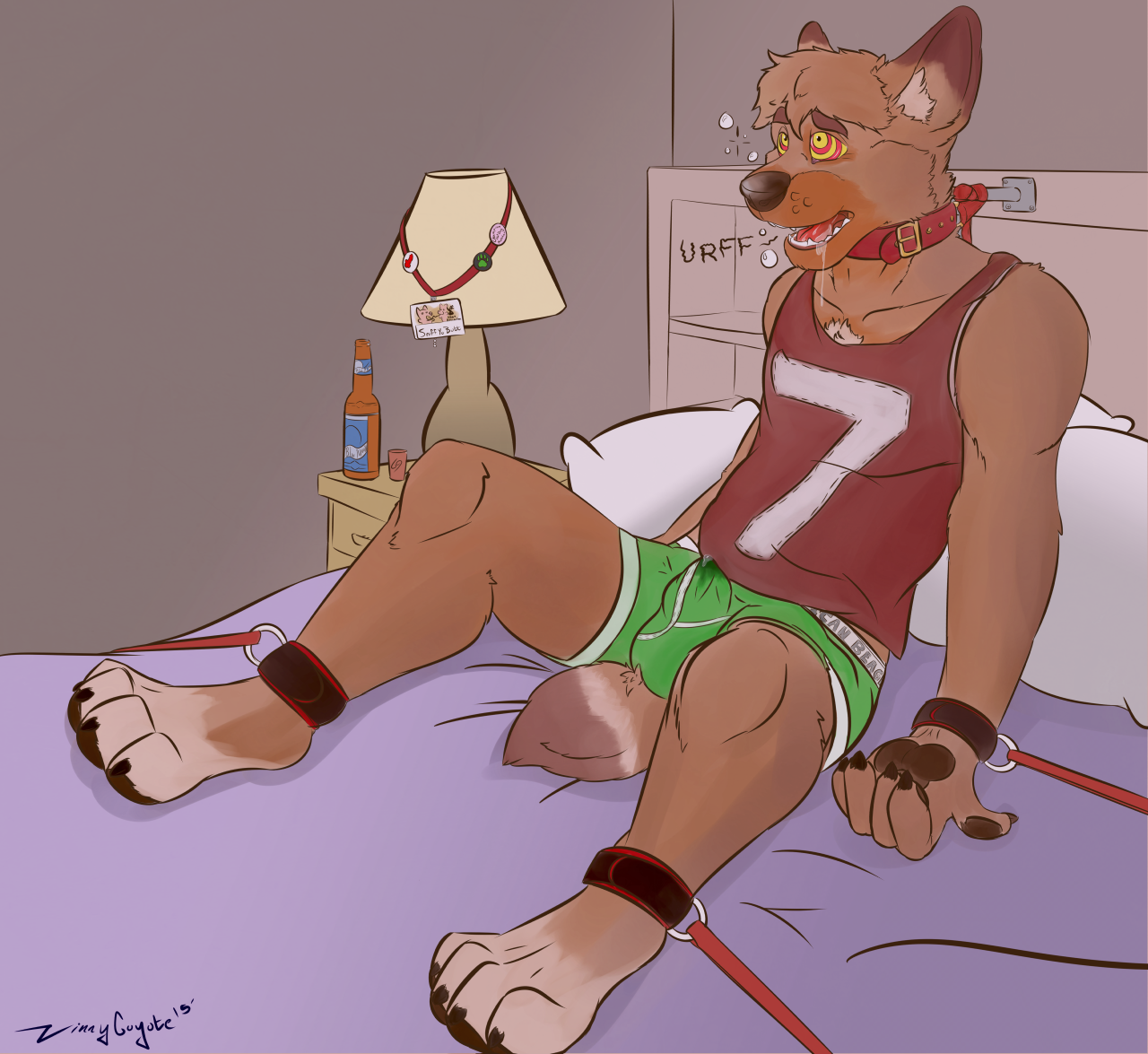 ...anthro, bed, bottle, bound, boxers, brown fur, bulge, canine, claws, col...