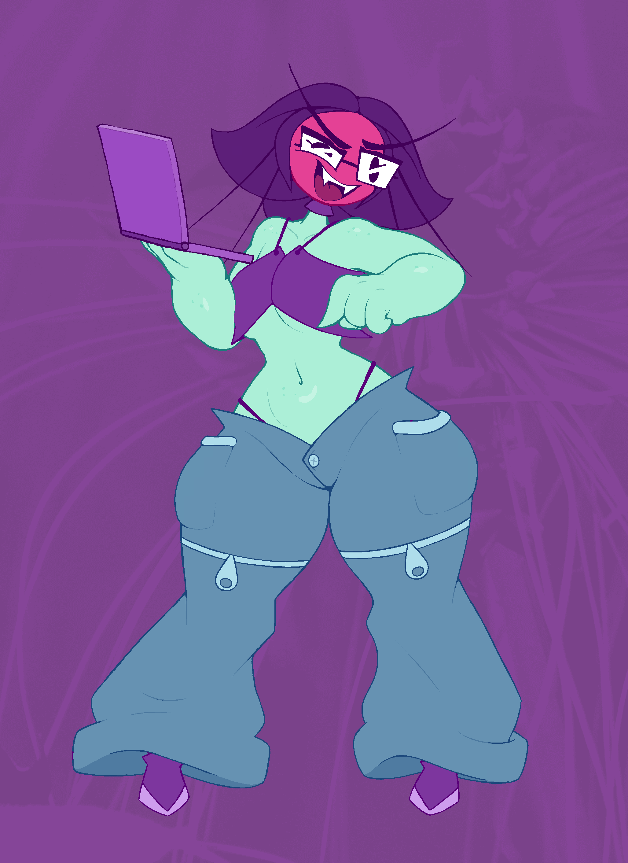 baggy_clothing baggy_pants bare_shoulders black_hair black_topwear breasts button female flora_fauna freckles glasses green_skin holding_laptop holding_object laptop navel one_eye_closed panties pants pockets red_face screwroot sharp_teeth shoes short_hair smile thick_thighs top tori_(screwroot) underboob zipper zipper_pull_tab