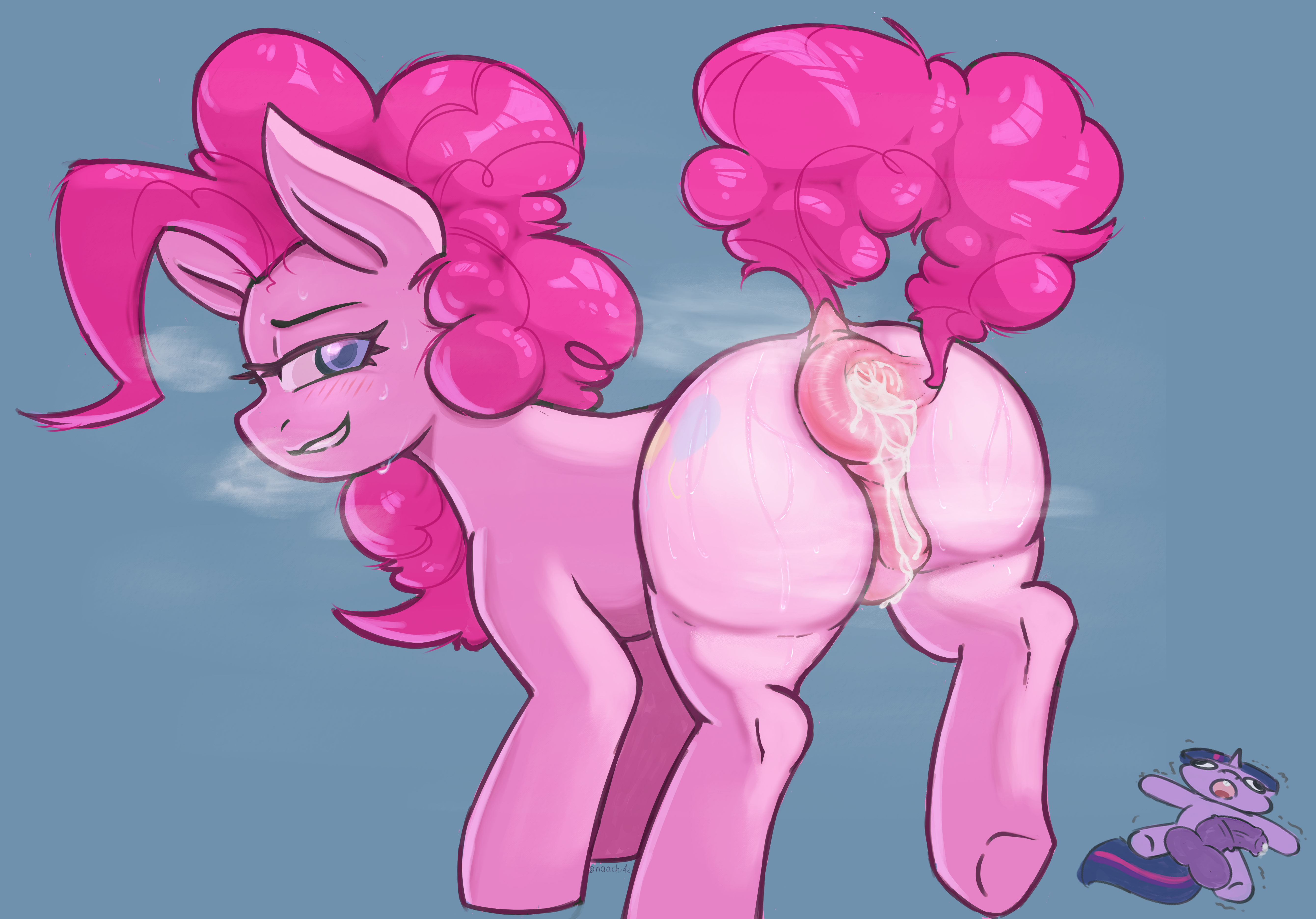 pinkie pie (mlp), friendship is magic, hasbro, my little pony, absurd res, hi res, simple background, animal genitalia, animal pussy, ass, bodily fluids, cum, cum in ass, cum inside, equid, equine, equine genitalia, equine pussy, female, feral, genital fluids, genitals, horse, mammal, naachi, pony, pussy, raised leg, raised tail, solo, spread butt, spreading, steam, sweat, sweaty butt, tail, 