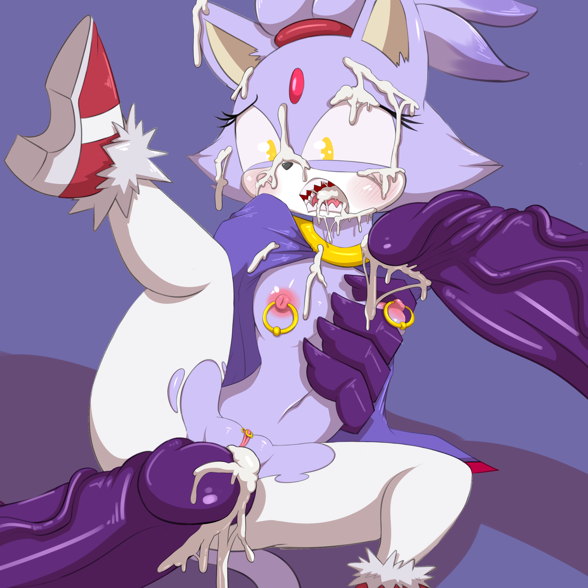 saurian (artist), blaze the cat, sonic (series), breast squish, breasts, clothing, cum, cum in mouth, cum inside, cum on face, feline, humanoid penis, mammal, nipple piercing, nipples, penis, piercing, pussy, torn clothing, 