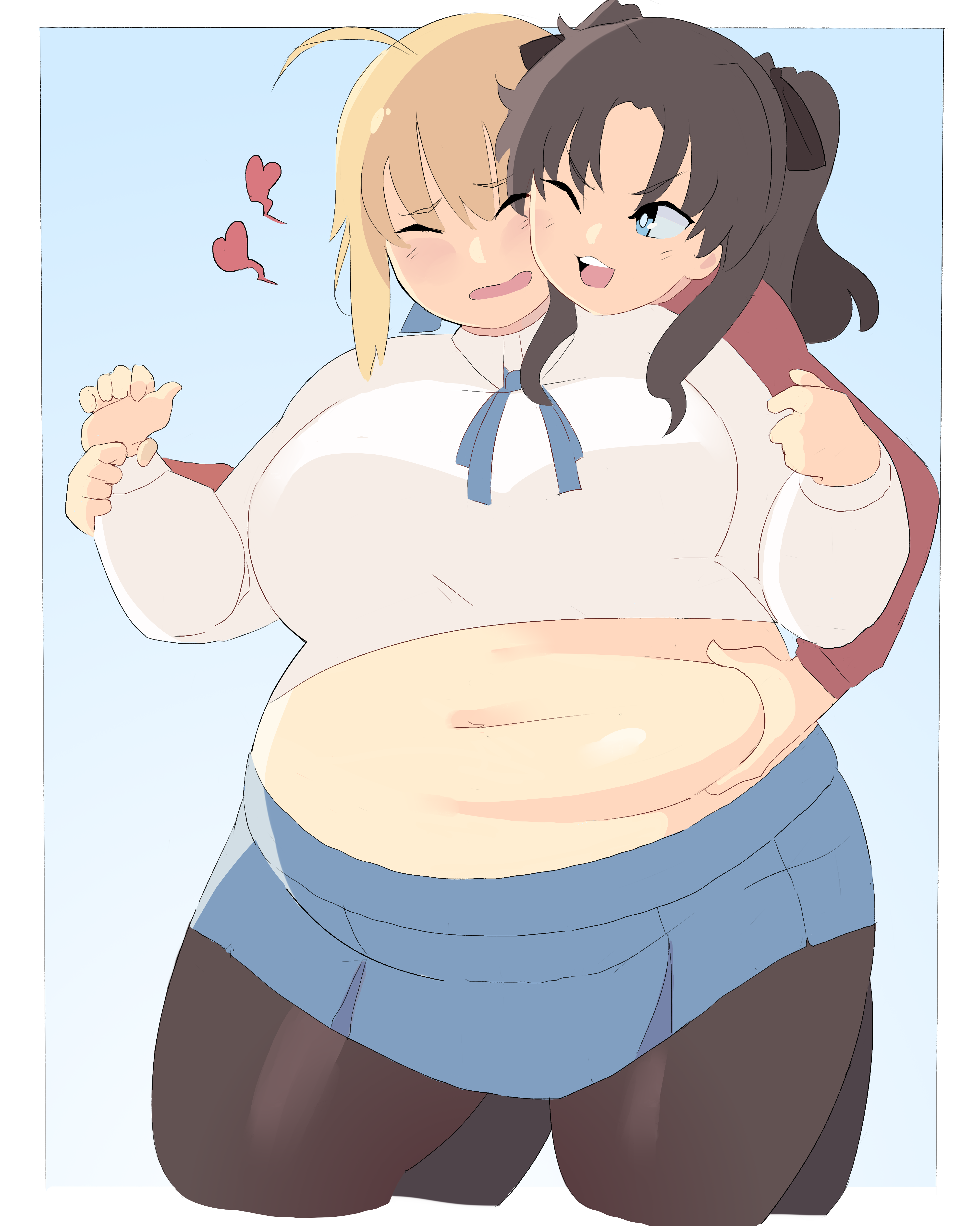 artoria pendragon, saber, tohsaka rin, fate/stay night, fate (series), 2girls, ahoge, belly grab, blonde hair, blue eyes, blush, brown hair, chubby, clothed, clothing, duharu, embarrassed, fat, female, female only, fondling, groping, long hair, napolitane, navel, plump, twintails, yuri, 