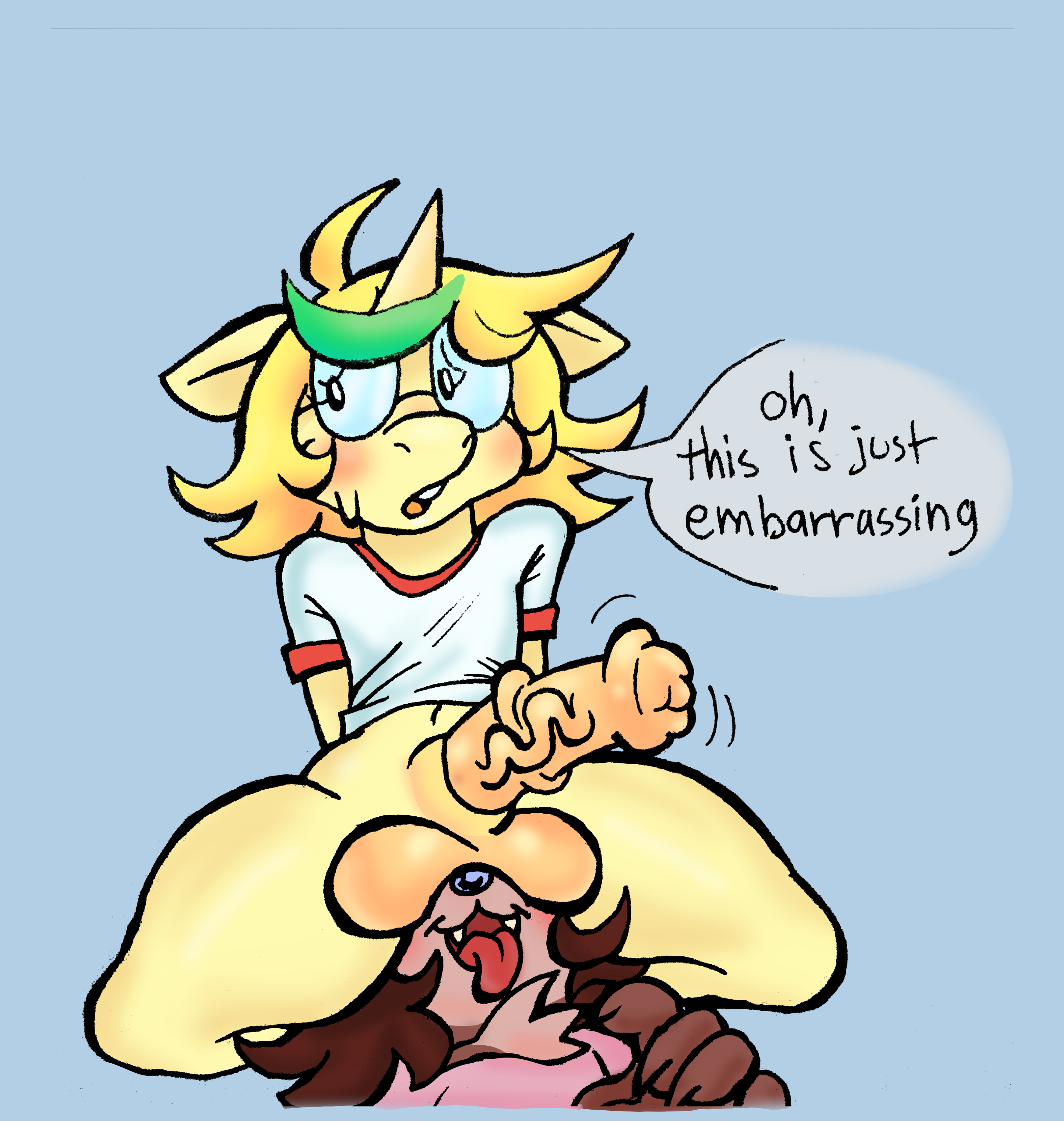 ekfunnybones, absurd res, digital media (artwork), hi res, simple background, speech bubble, ambiguous gender, animal genitalia, animal penis, anthro, balls, balls on face, blonde hair, blush, bottomless, brown body, brown fur, brown hair, canid, canine, clothed, clothing, dialogue, duo, embarrassed, equid, equine, equine penis, eyewear, facesitting, fur, genitals, girly, glasses, hair, horn, lemonade (ekfunnybones), male, male/ambiguous, male focus, mammal, penis, solo focus, sugar (ekfunnybones), tan body, tan fur, thick thighs, tongue, tongue out, unicorn, yellow body, 
