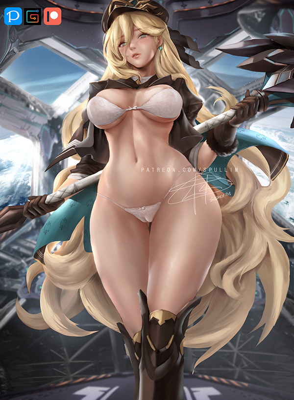 supullim, durandal (honkai impact), honkai impact, honkai impact 3rd, barely clothed, big breasts, blonde hair, blue eyes, blush, bra, breasts, kneehighs, lingerie, midriff, navel, panties, revealing clothes, thick thighs, thighs, 