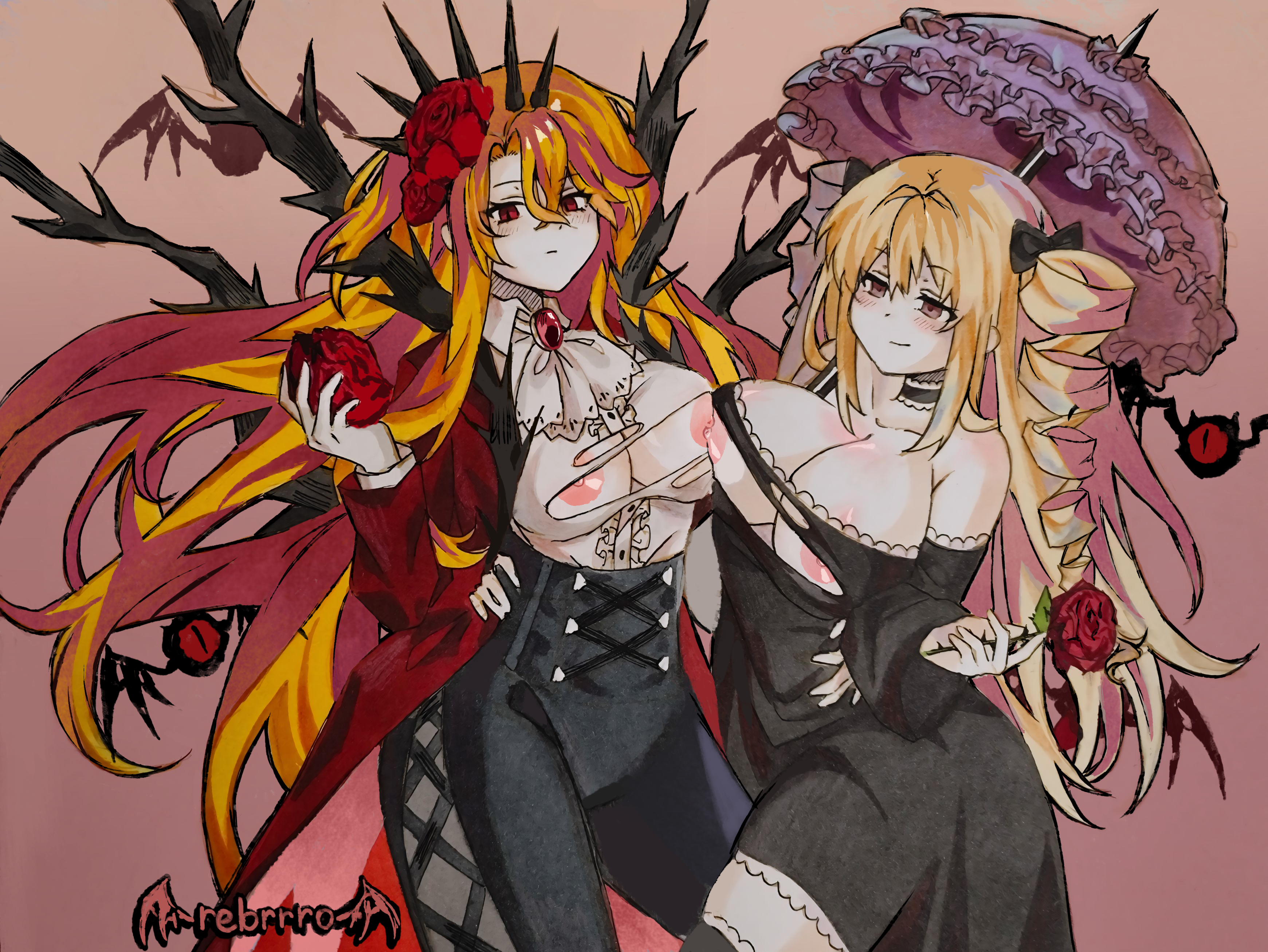 alice_in_wonderland areolae black_souls black_souls_2 don_quixote_(limbus_company) dress drill_hair elisabeth_(black_souls) eyes female female_only flower flower_in_hair gothic gradient_background hair_ornament hair_ribbon hand_on_hip holding_flower holding_object limbus_company long_hair looking_at_viewer nipples pants parasol project_moon rebrrro red_eyes rose sancho_(limbus_company) shiny_skin smile thorns torn_clothes twin_drills twintails umbrella very_long_hair wardrobe_malfunction