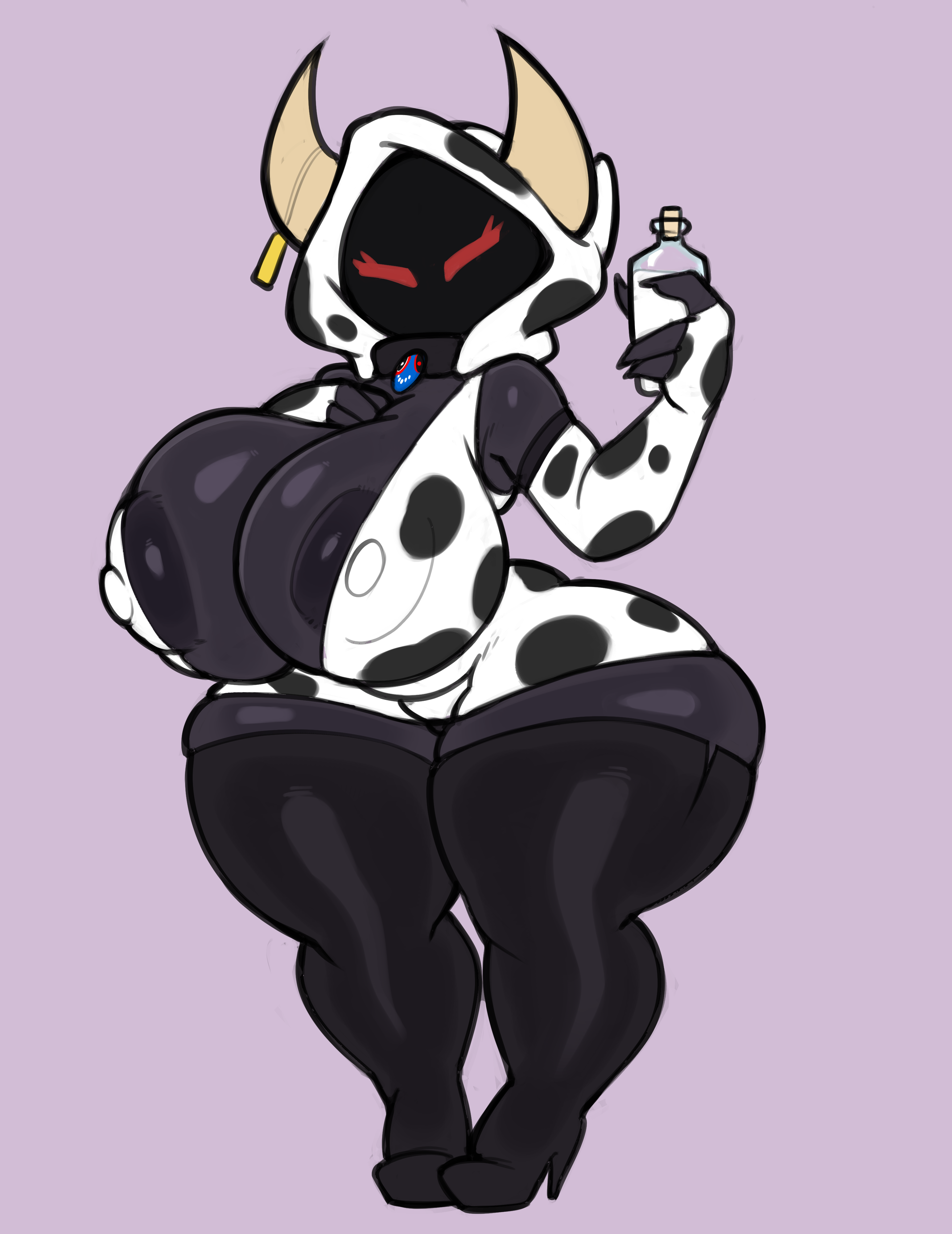 2024 areolae armwear bismuth_(gardesnorela) black_skin breasts commission commissioner_upload cow_print demon ear_tag fecharis female gardesnorela glowing_eyes hood horn horns large_breasts milf milk milk_bottle red_eyes simple_background solo space_funeral space_funeral:_toothisle_vacation symbol tagme thick_thighs thigh_highs thighhighs virito voluptuous voluptuous_female zipper