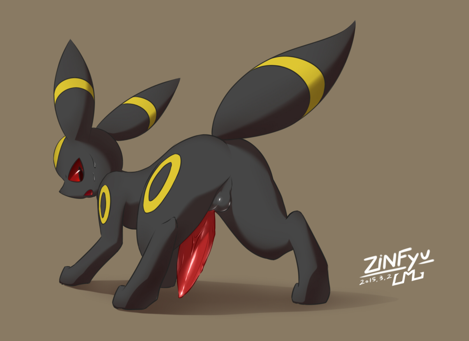 z-fox, umbreon, nintendo, 2015, all fours, animal genitalia, ass, back, balls, black fur, erection, feral, fur, looking back, male, male only, nude, open mouth, penis, pokemon, red eyes, shadow, solo, sweat, tongue, vein, video games, 