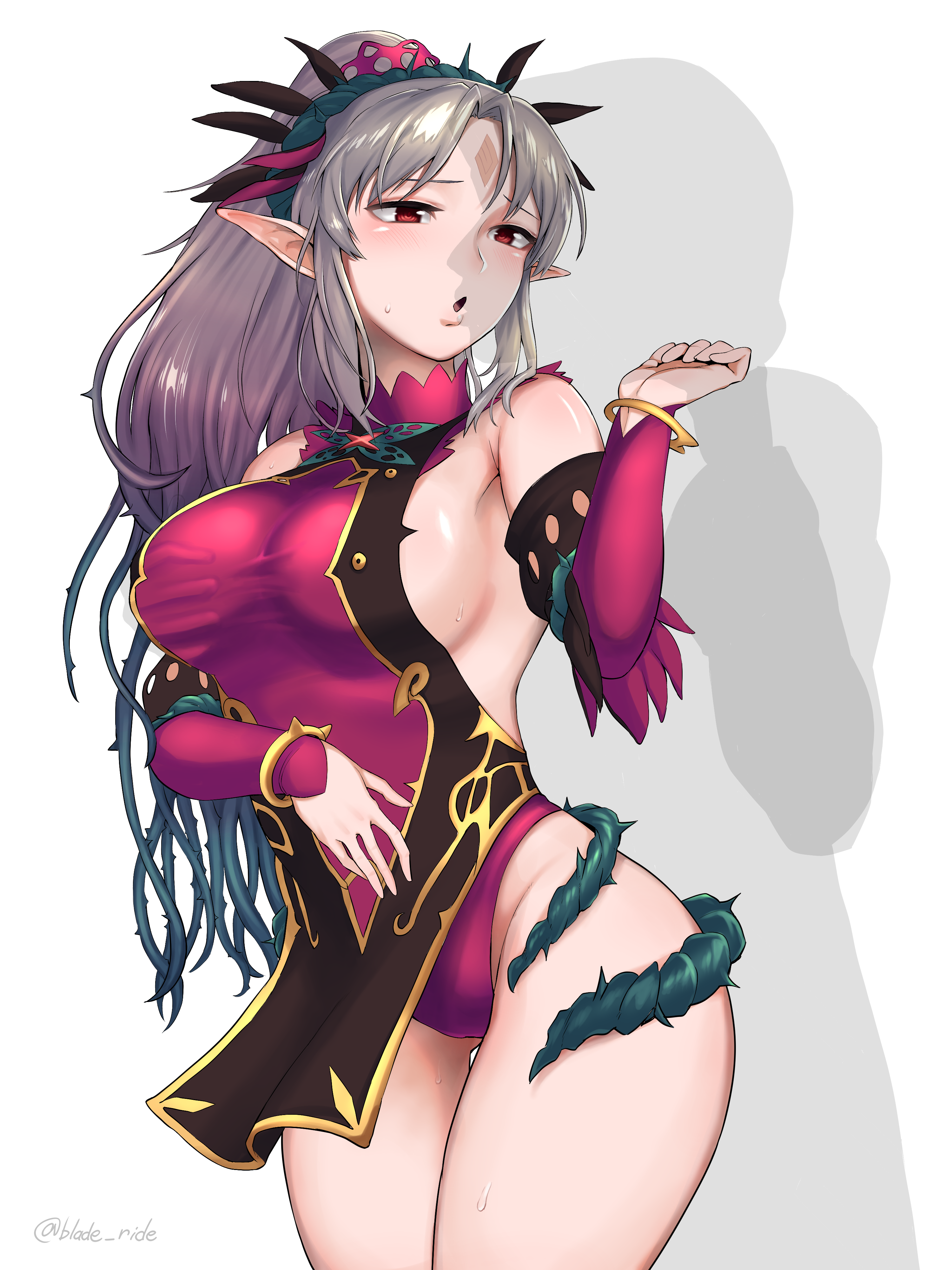 blade ride, kiran (fire emblem), plumeria (fire emblem), summoner (fire emblem heroes), fire emblem, fire emblem heroes, nintendo, absurdres, 1boy, 1girls, armpits, bare legs, bare thighs, big breasts, fairy, grey hair, hand holding, holding hands, kissing, large breasts, multicolored hair, pointy ears, ponytail, red eyes, sideboob, silver hair, thighs, transparent, wide hips, 