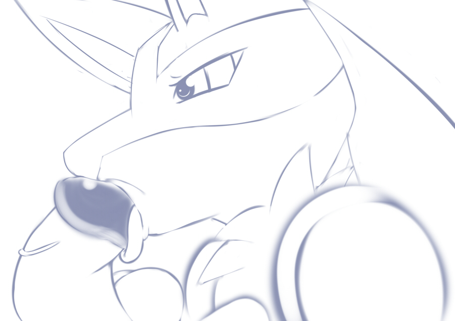 lucario, monochrome, fellatio, feral, fur, insertion, male, nude, oral, penis, pokemon, side view, 
