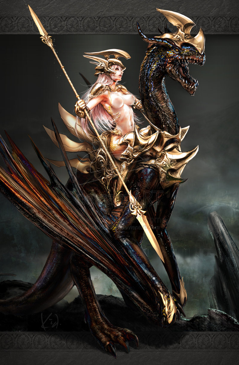 kid (artist), original, armor, beast, boots, breasts, dirty, dragon, erect nipples, gloves, helmet, lance, long hair, pink hair, spear, topless, white hair, 
