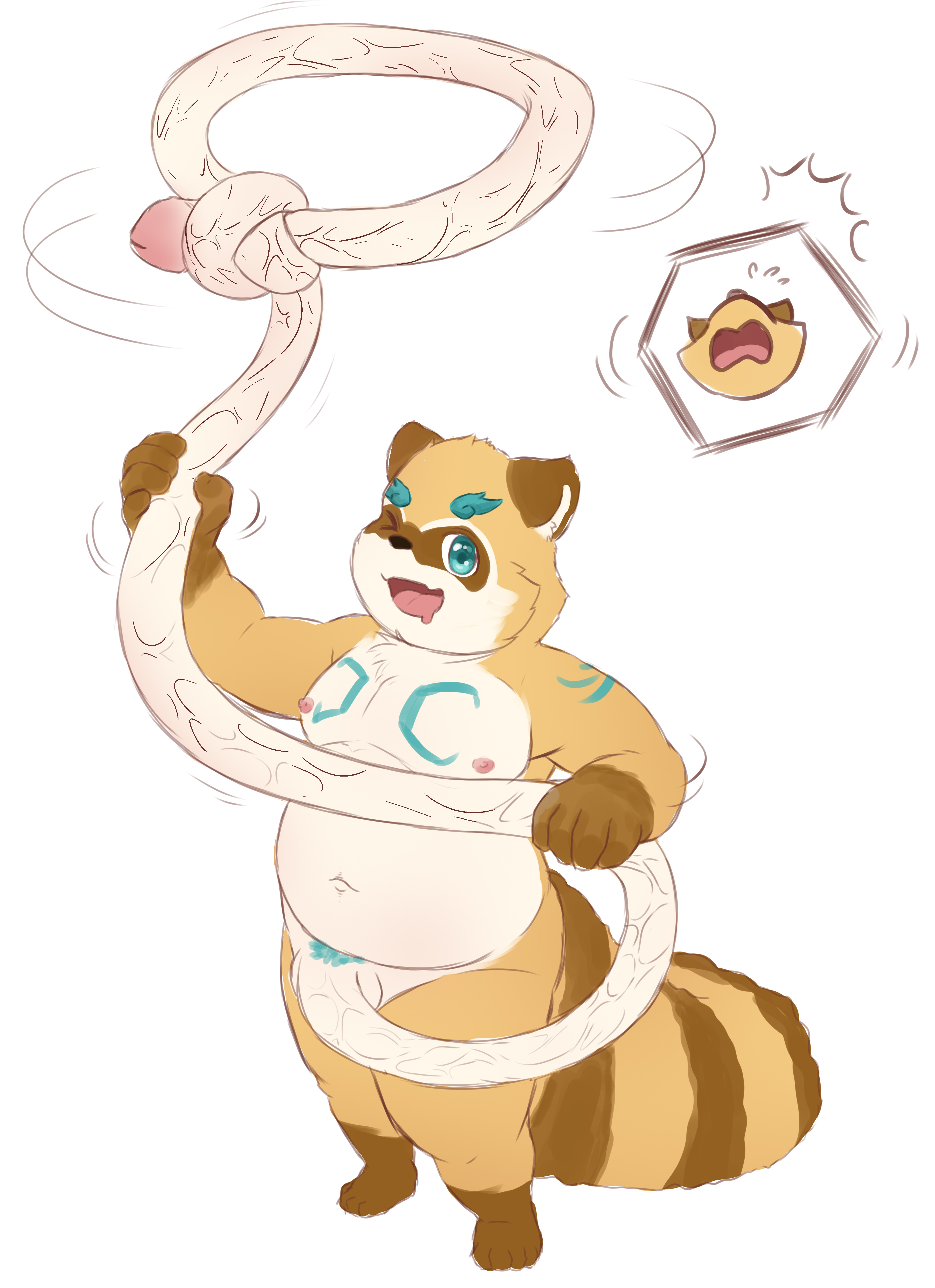 absurd res, chinese text, comic, hi res, text, 2021, anthro, balls, blue eyes, bodily fluids, canid, canine, crying, genitals, male, mammal, meturem, moobs, nipples, one eye closed, overweight, overweight male, penis, raccoon dog, tanuki, tears, unusual anatomy, unusual genitalia, unusual penis, wink, young, 