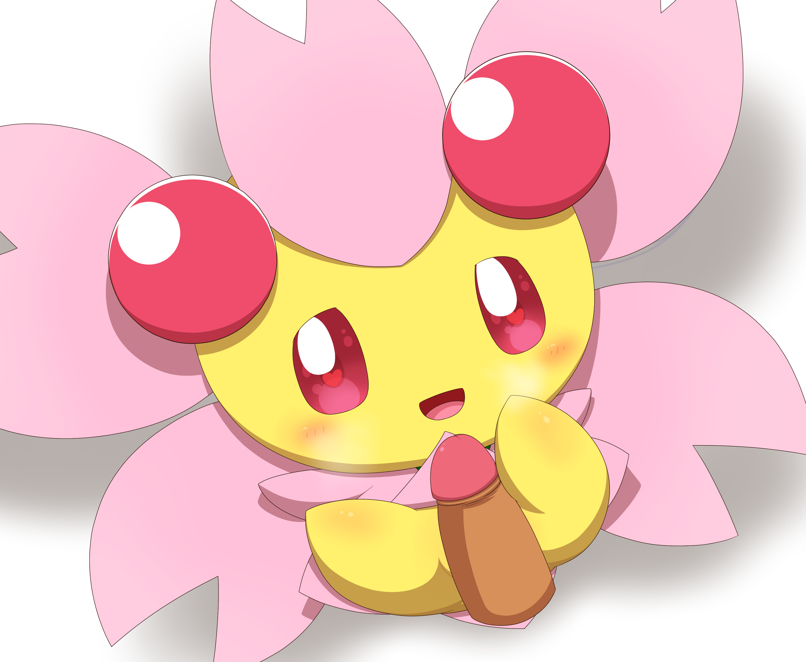minami (artist), cherrim, nintendo, absurd res, hi res, simple background, white background, blush, breath, disembodied penis, duo, elemental creature, female, feral, flora fauna, genitals, heart, humanoid genitalia, humanoid penis, lying, male, male/female, on back, panting, penis, pink body, pink eyes, plant, pokemon, size difference, solo focus, spread legs, spreading, sunshine form cherrim, video games, yellow body, 