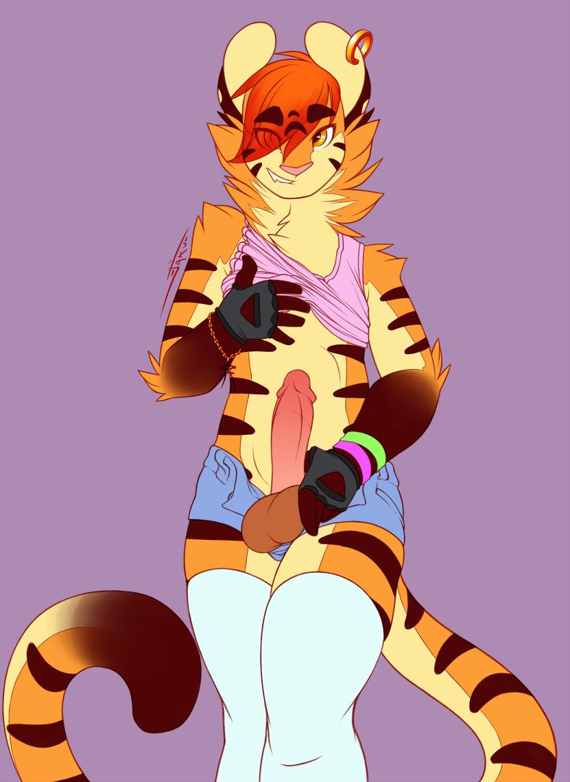 artist signature, purple background, 1boy, alex (jarvofbutts), balls, biting lip, ear piercing, furry, male, male only, orange hair, penis, short shorts, signature, tail, tank top, thighhighs, tiger, white legwear, yellow eyes, 