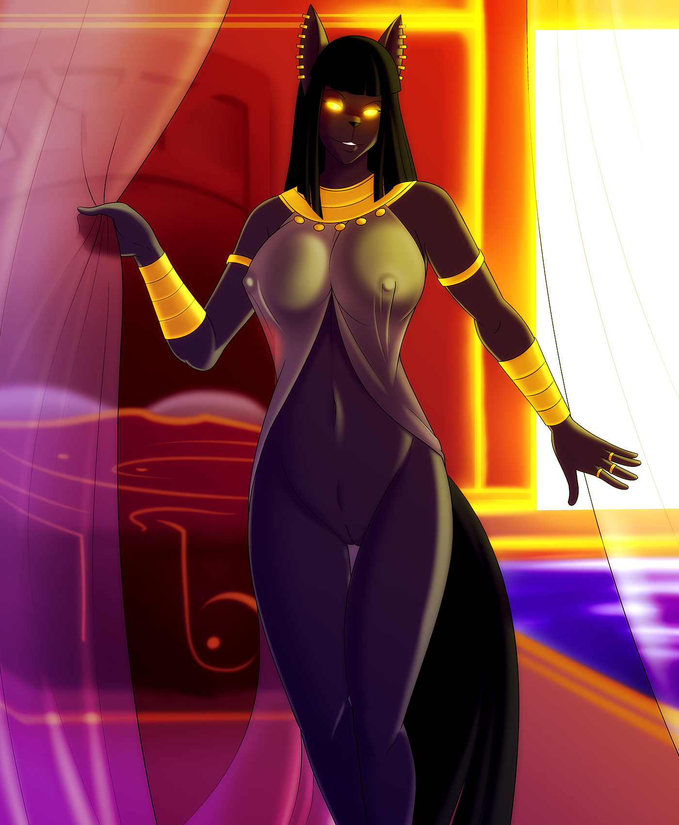 kadath, marik azemus34, nightshade (kadath), egyptian mythology, 2015, hi res, pose, anthro, anubian jackal, bed, big breasts, black hair, bottomless, bracelet, breasts, canine, cleft of venus, clothed, clothing, curtains, drapes, ear piercing, egyptian, egyptian clothing, female, glowing, glowing eyes, gold (metal), gold jewelry, hair, jackal, jewelry, looking at viewer, lots of jewelry, mammal, nipples, nude, piercing, pussy, ring, sheer clothing, solo, subtle pussy, swimming pool, translucent, transparent clothing, water, yellow eyes, 
