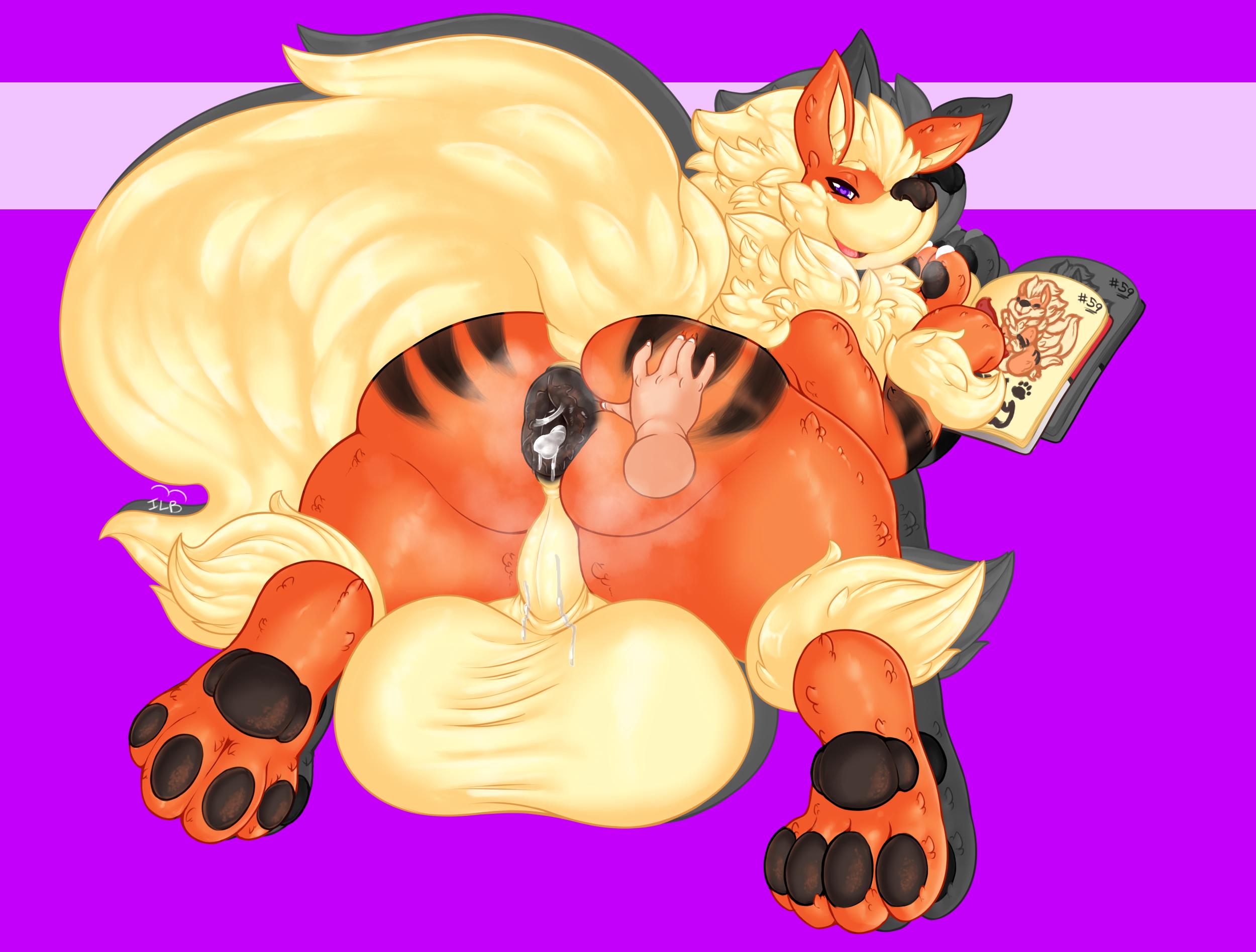 darkmagician1212, arcanine, arcy the arcanine, original character, nintendo, pokemon rgby, purple background, text, watermark, 1boy, 4 toes, after sex, anus, ass, back, big anus, big testicles, black fur, book, canine, cum, cum in ass, cum inside, cum leaking, dark skin, disembodied hand, feet, feral, gaping, gaping anus, gay, half-closed eyes, hand on ass, huge ass, huge testicles, human, hyper, hyper testicles, looking at viewer, looking back, male, male only, musk, nude, orange fur, pawpads, paws, penis, pokemon, puffy anus, purple eyes, reading, smell, smile, solo, solo focus, testicles, thick thighs, video games, wet, white fur, wide hips, yaoi, 