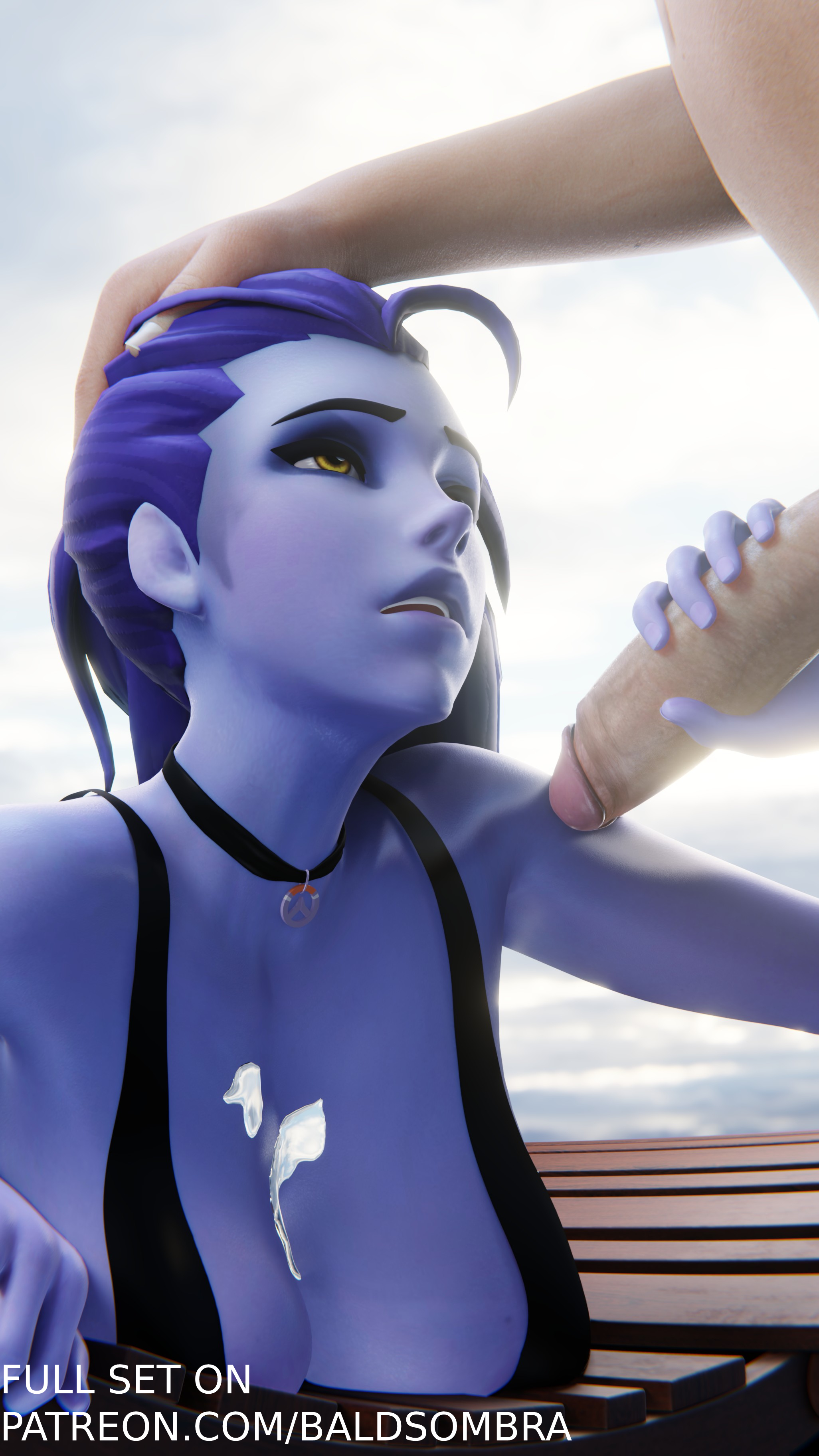 widowmaker, activision, blizzard entertainment, overwatch, overwatch 2, baldsombra, big breasts, bikini, cum, cum on breasts, handjob, overwatch2, purple skin, white dick, 