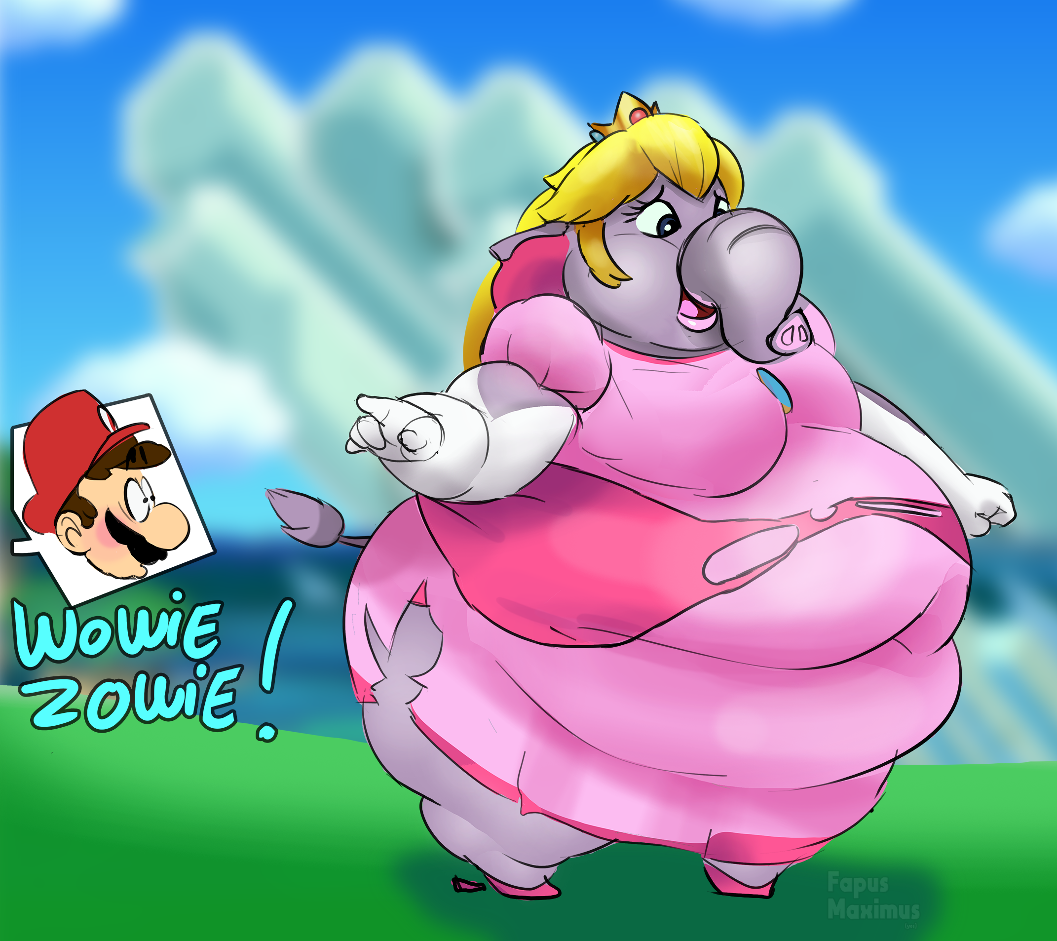 mario, princess peach, mario (series), nintendo, super mario bros., 1girls, blonde hair, elephant, fat, female, female focus, grey skin, morbidly obese, morbidly obese female, obese, obese female, overweight, overweight female, transformation, 