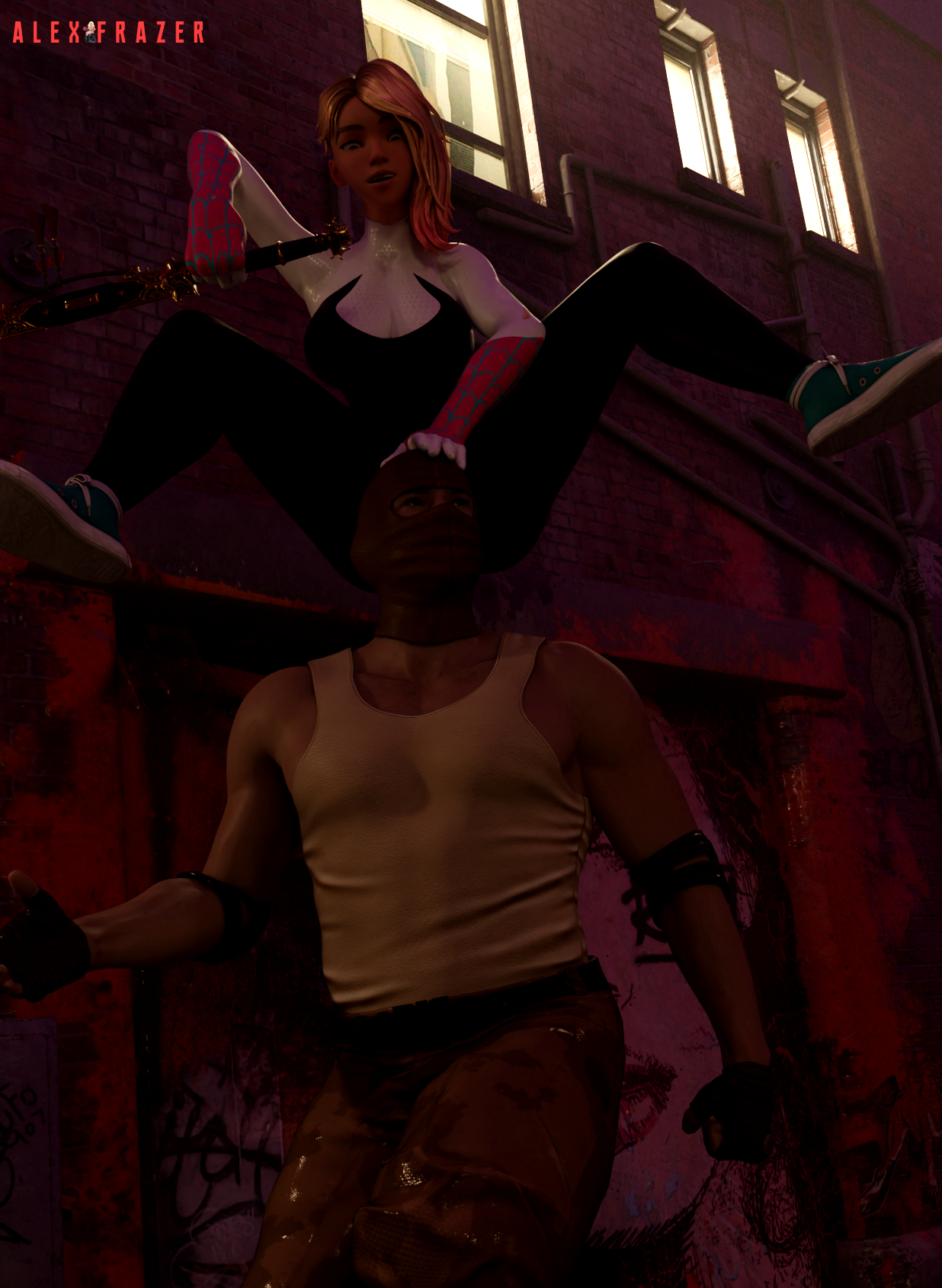 1boy 1girls 3d alexfrazer asymmetrical_hair bandit blonde_hair blue_eyes clothed confusion female gwen_stacy hand_on_head male marvel marvel_comics smile spider-gwen stealing superhero superhero_costume superheroine sword unmasked