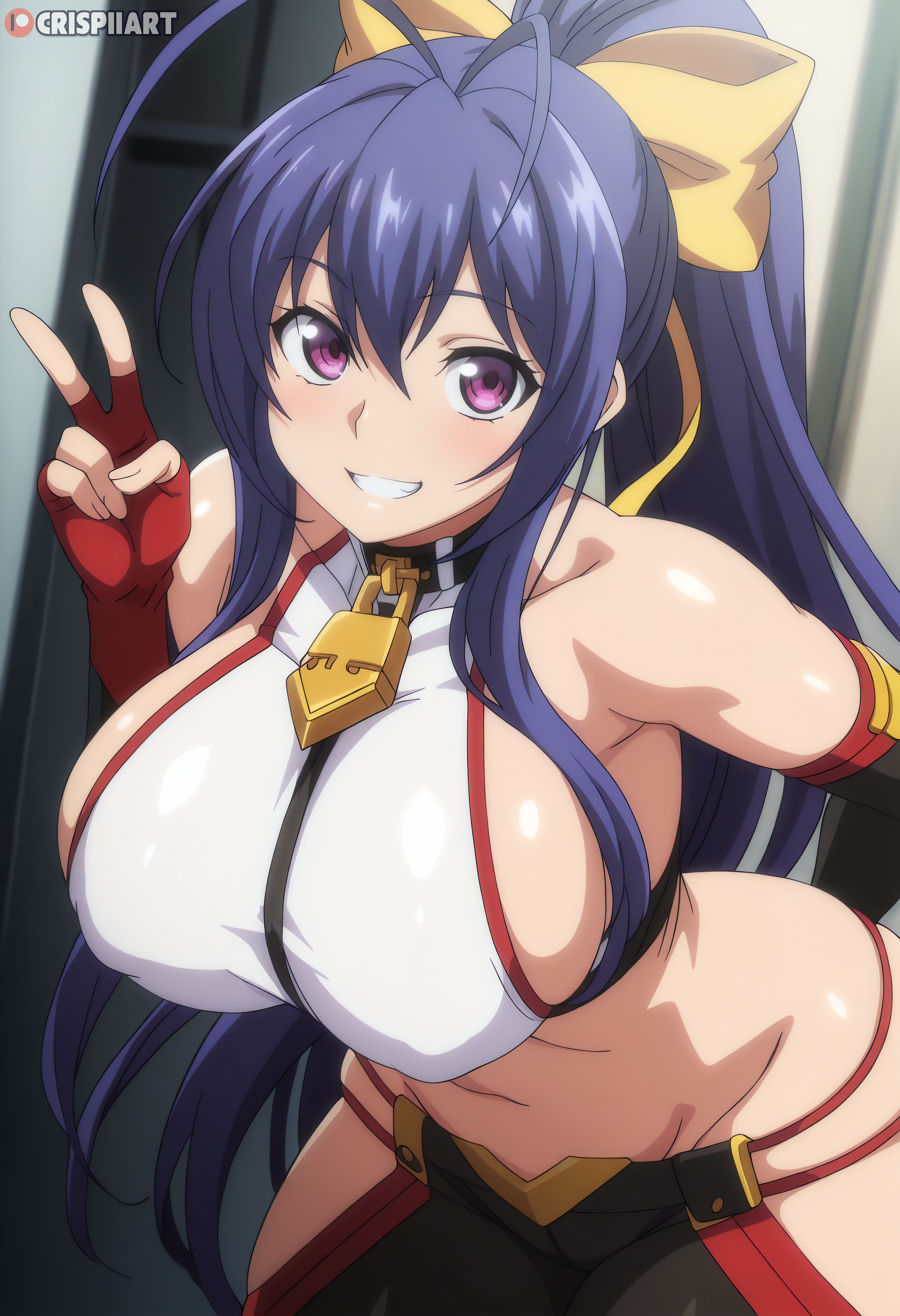 1girls absurd_res ai_assisted ai_generated arc_system_works blazblue blue_hair crispiiart female female_focus female_only hair_ribbon hairbow large_breasts leaning_forward long_hair long_ponytail magenta_eyes mai_natsume narrow_waist navel ponytail revealing_clothes sideboob smile solo solo_female solo_focus tagme upscaled v-sign