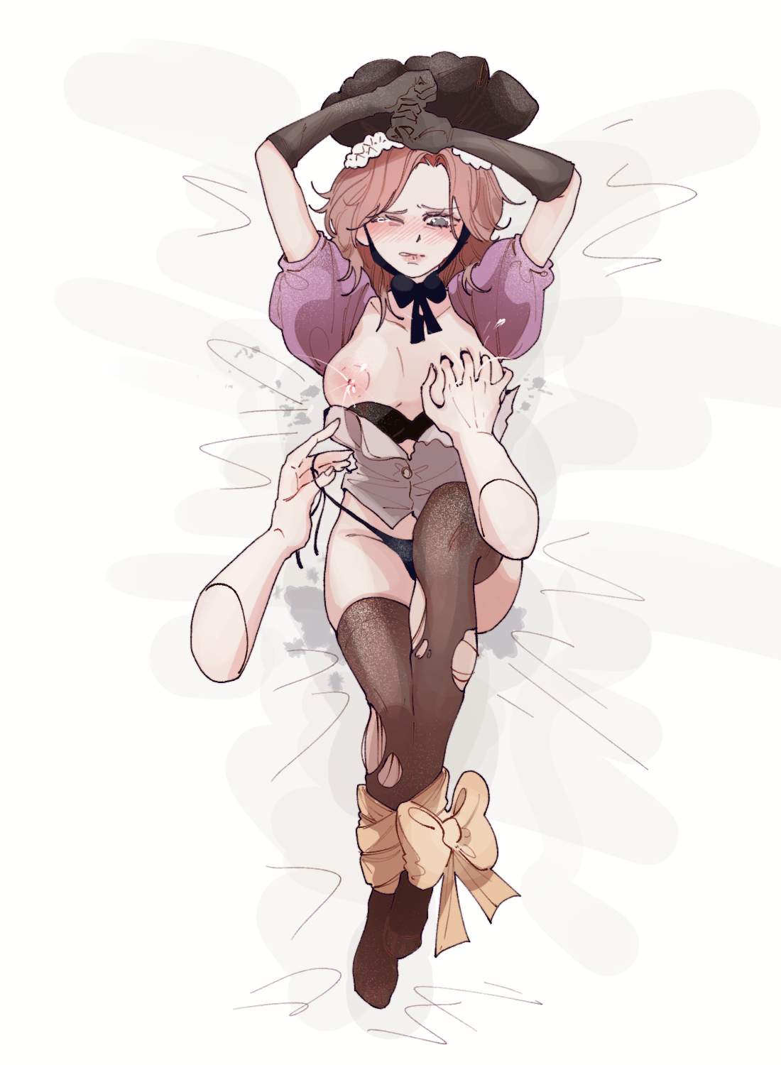 1girls ankles_tied arms_above_head black_bra black_panties bowtie bra bra_pull breasts brown_hair detached_sleeves disembodied_hand female gloves identity_v lactation lying medium_breasts nipples on_back panties pk_(artist) thighhighs torn_legwear underwear vera_nair