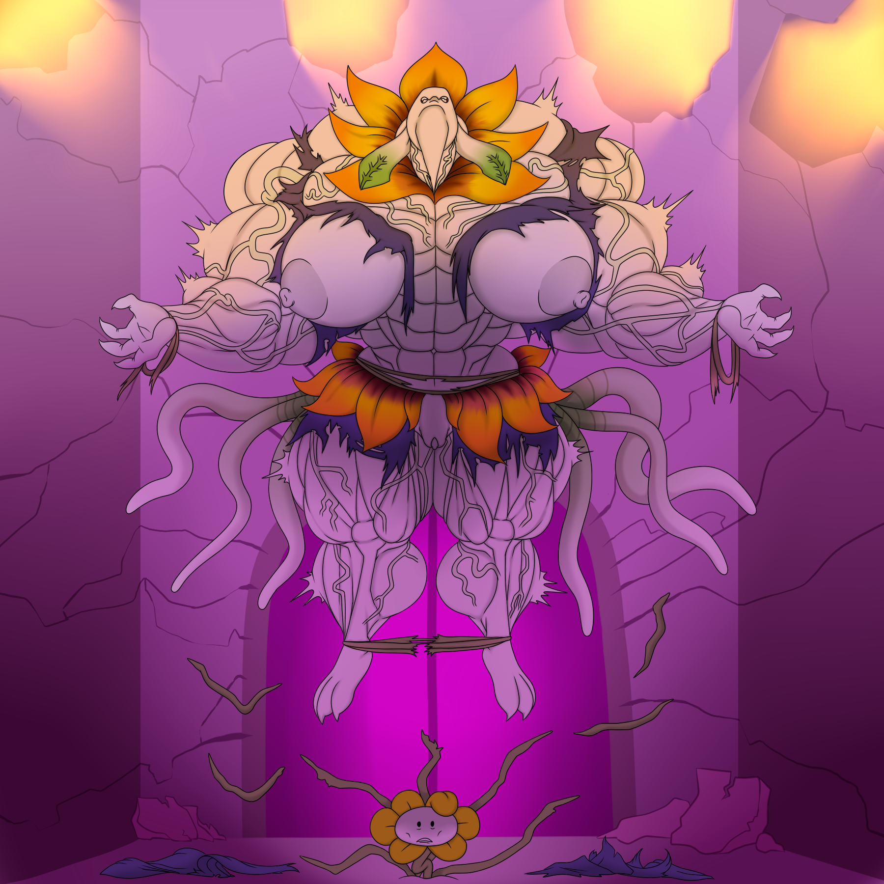 anthro baronbulge big_breasts body_growth body_growth_(enlargement) breasts corruption duo female flower flowey_the_flower growth hi_res huge_breasts male monster muscle_growth muscles plant size_transformation toriel transformation transformation_sequence undertale undertale_(series)