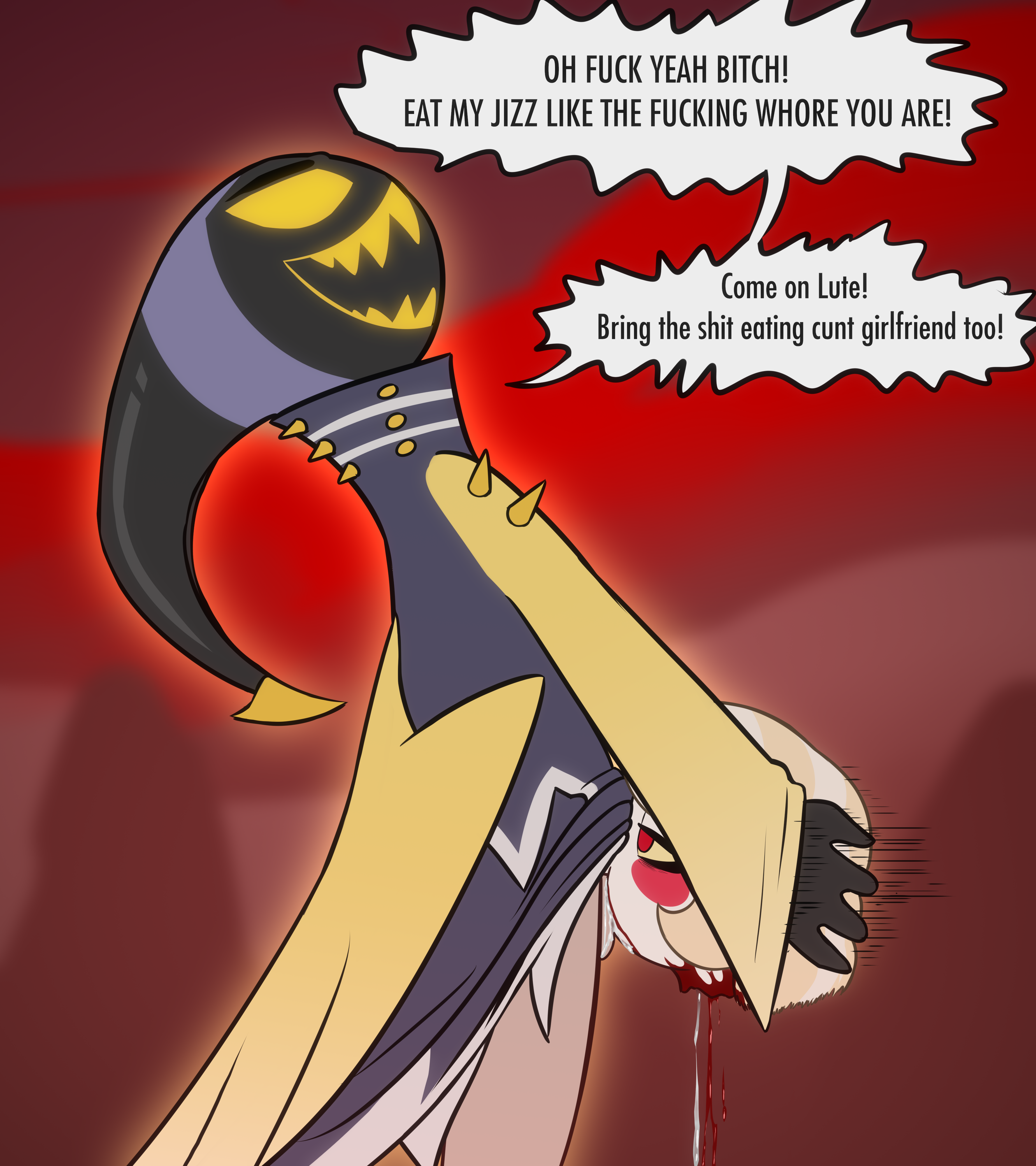 hazbin hotel, absurd res, english text, hi res, text, 4 fingers, adam (hazbin hotel), anthro, blonde hair, blush, blush stickers, bodily fluids, charlie morningstar, clothed, clothing, cum, cum drip, cum in mouth, cum inside, death, defeated, demon, dripping, duo, e254e, ejaculation, fellatio, female, fingers, forced fellatio, forced oral, genital fluids, gore, hair, hell, irrumatio, male, male dominating female, no underwear, oral, orgasm, pantsless, penile, profanity, ryona, severed body part, severed head, sex, sharp teeth, spiked clothing, spikes, teeth, 